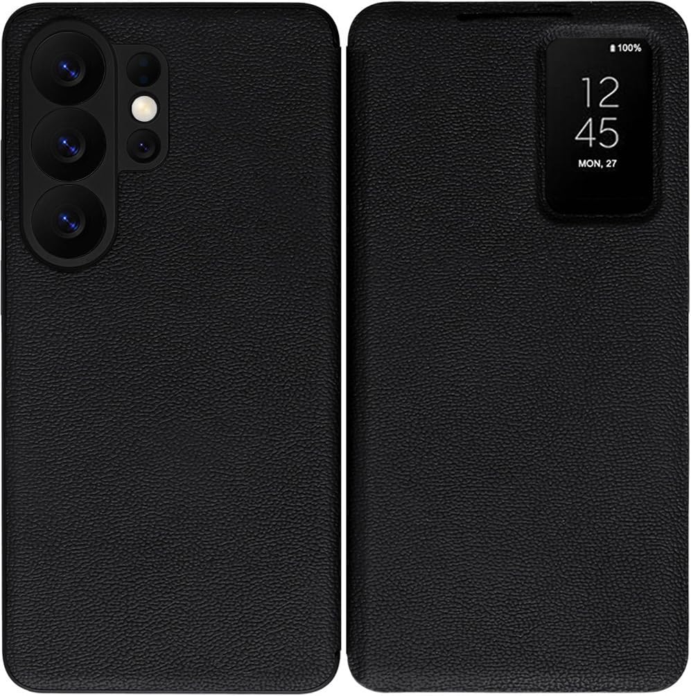 Intelligent Genuine Leather Cell-Phone Case for Samsung Galaxy S26 Ultra. Automatic Sleep/Wake, Mobile Phone Cover, Smart Holster for Samsung S 26 Ultra -Black