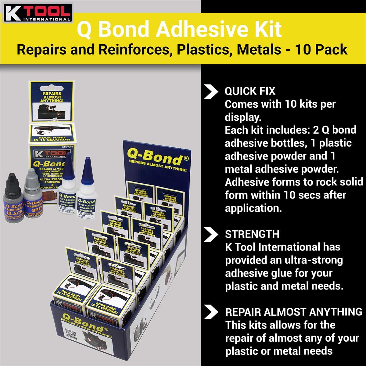 K Tool International Q-Bond Adhesive Kit, 10 Pack with Display (KTI90003)