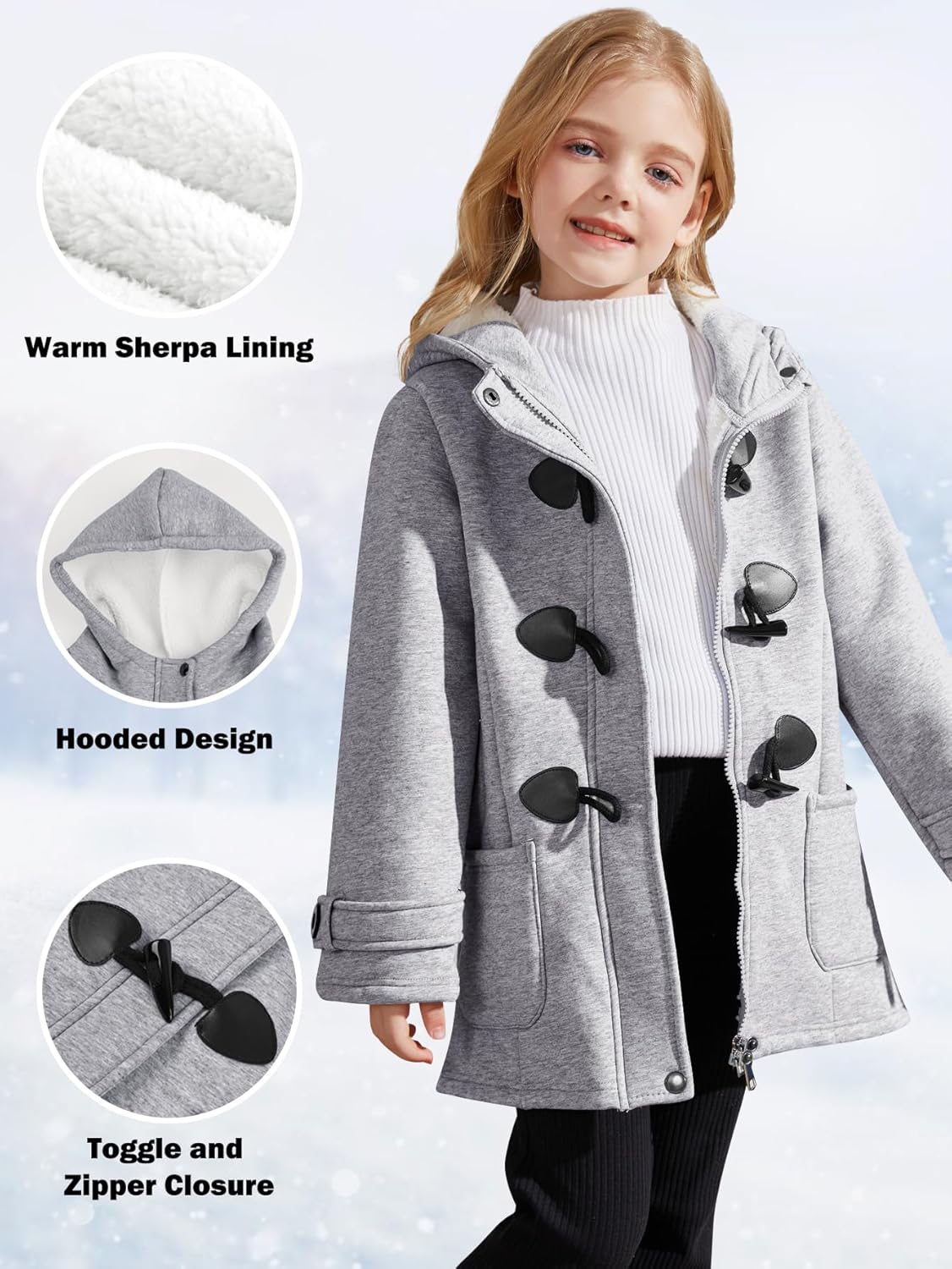 Kid's Girls Winter Fall Sherpa Lined Jacket Duffle Toggle Coat Warm Hooded Fleece Jacket Sweatshirt - Image 6