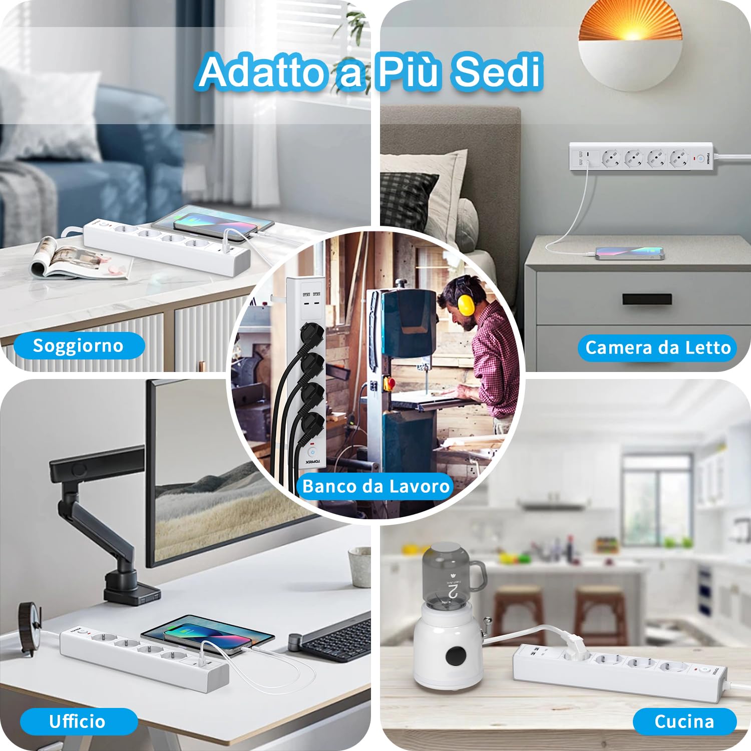 TOPREK Regleta Eléctrica con 4 Tomas Universales ITA 10/16A y Schuko y 2 USB C y 2 USB A, Enchufe Italiano 4000W/16A, Regleta con Interruptor, Cable de 2M (Equipada con 2 Abrazaderas de Plástico)