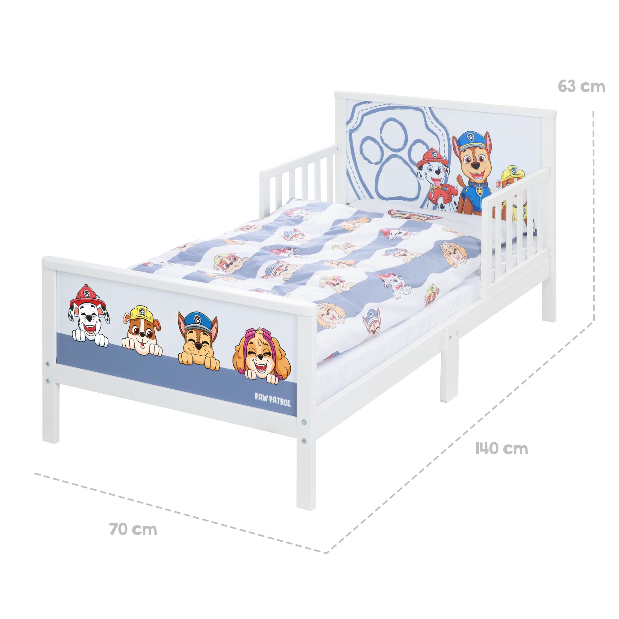 roba Paw Patrol Cama Infantil Montessori 70 x 140 cm para Niños + Somier y Ropa de Cama - Utilizable hasta 7 Años - Blanco/Diseño de Perros Chase, Marshall, Rubble, Skye