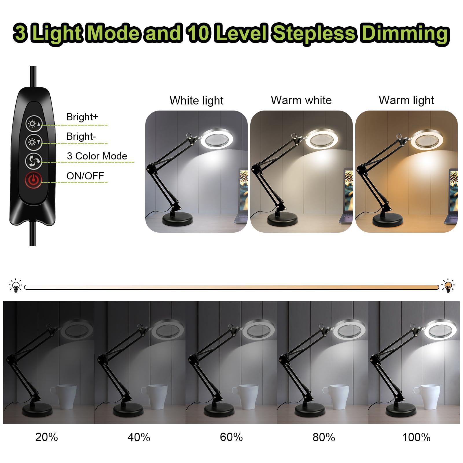 Zhiwei 10x Magnifying Glass with Light and Stand, 3 Color Modes Desk Lamp, Adjustable Swing Arm - Image 2