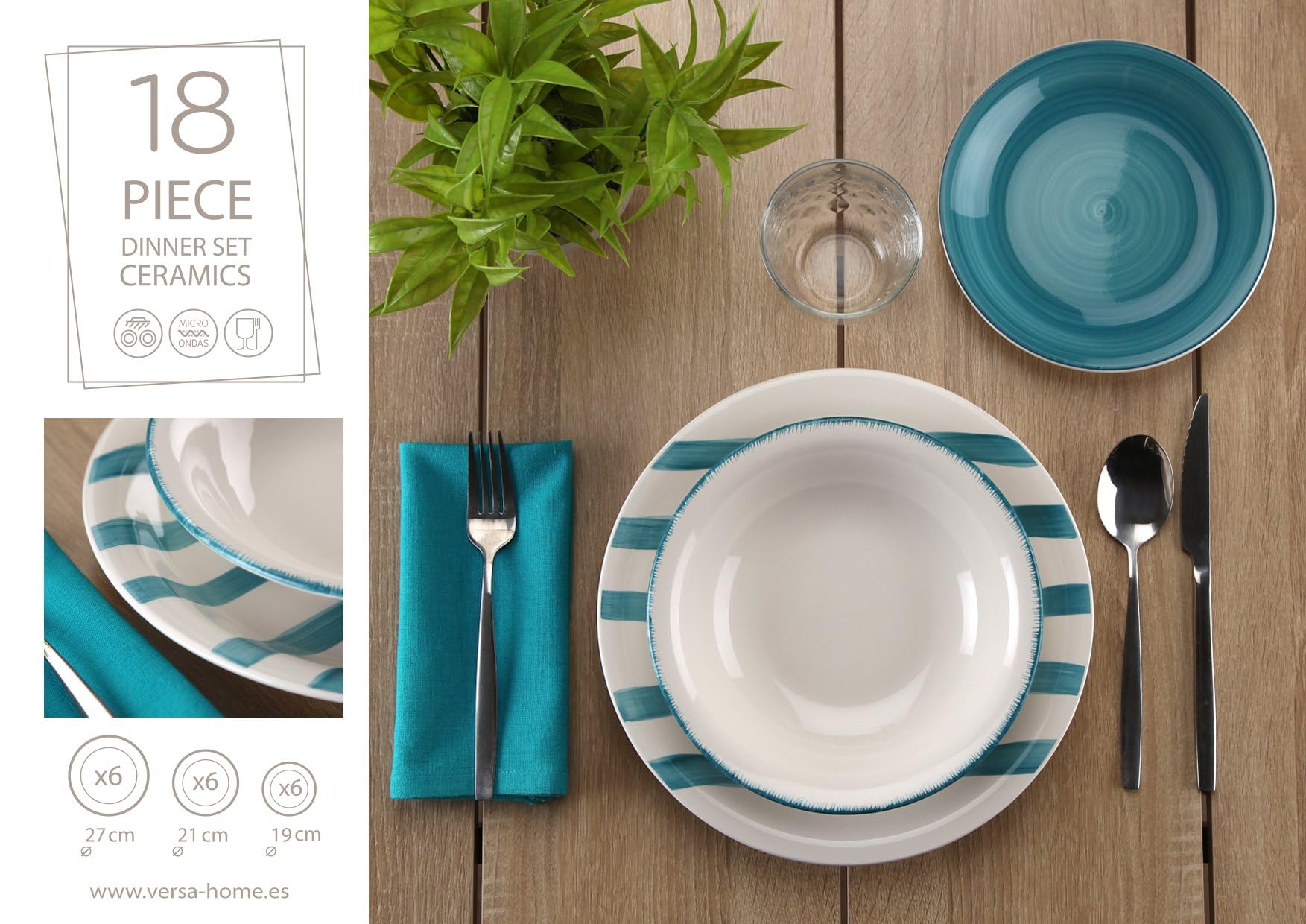 Service de Table Versa 18 pièces, Style Moderne, 3 x 26,5 x 26,5 cm, Porcelaine, Bleu