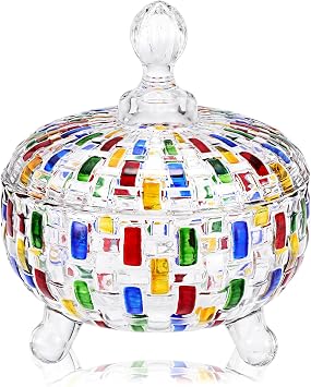 Glass Candy Dish with Lid Colorful Crystal Candy Jar Decorative Bowl for Chocolates Nuts Jewelry Keys Holder Home Decor