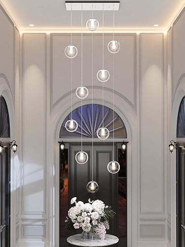 Miniatura 282 de Escalera LED de 10 luces LED moderna con globo de cristal, lámpara colgante grande para techos altos, accesorios de iluminación de entrada, villas y
