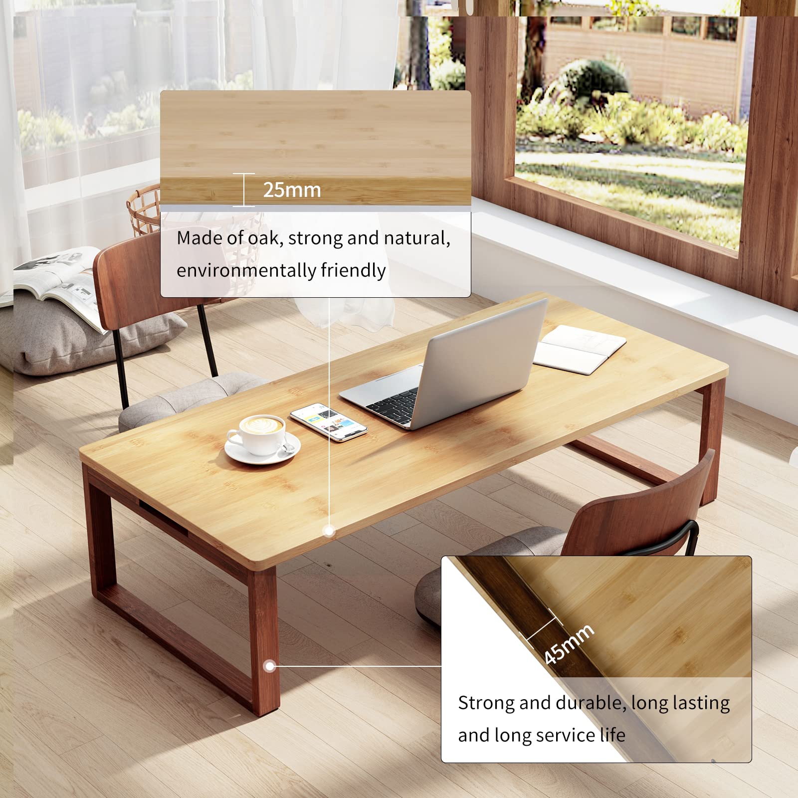 soges Tavolino pieghevole da tè in bambù Tavolino basso in stile giapponese per finestra, Tatami, esterno, letto, 80 cm x 50 cm