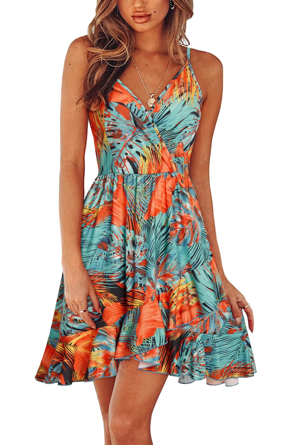 ULTRANICE Womens Summer Dresses Floral V Neck Ruffled Hem Spaghetti Spring Casual Beach Outfits Flowy Wrap Sun Dress