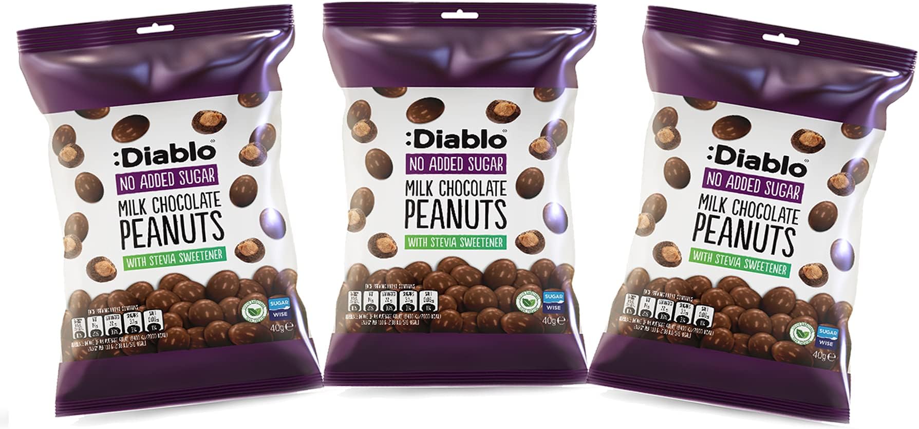 – Diablo Milk Chocolate Peanuts - No Added Sugar, Sweetened with Stevia - Individually Packed Bags, Chocolate Covered Nuts Hamper Basket Available, Perfect for Gifting - Milk Chocolates - 40 g Pack of 3