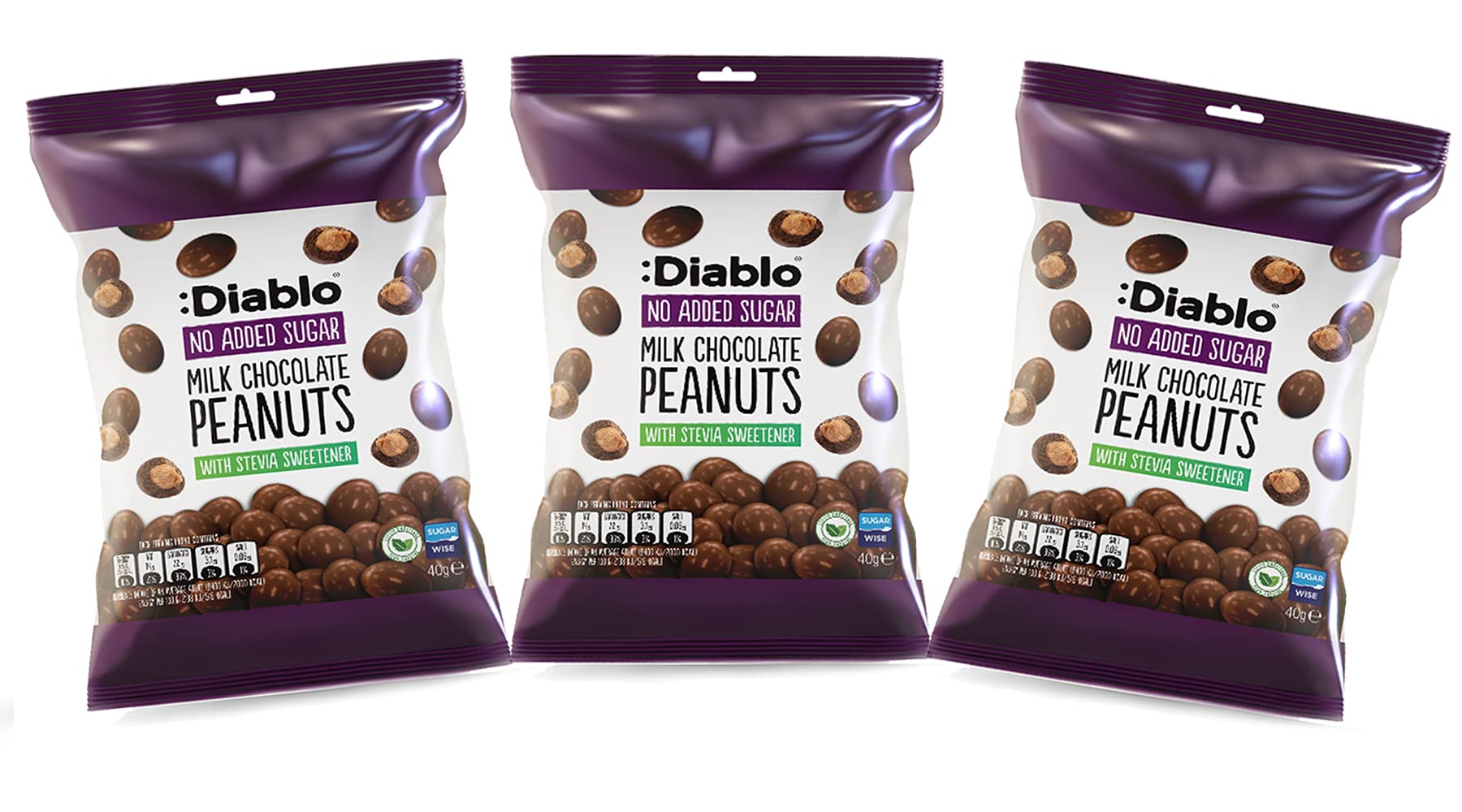 Diablo Milk Chocolate Peanuts - No Added Sugar, Sweetened with Stevia - Individually Packed Bags, Chocolate Covered Nuts Hamper Basket Available, Perfect for Gifting - Milk Chocolates - 40 g Pack of 3