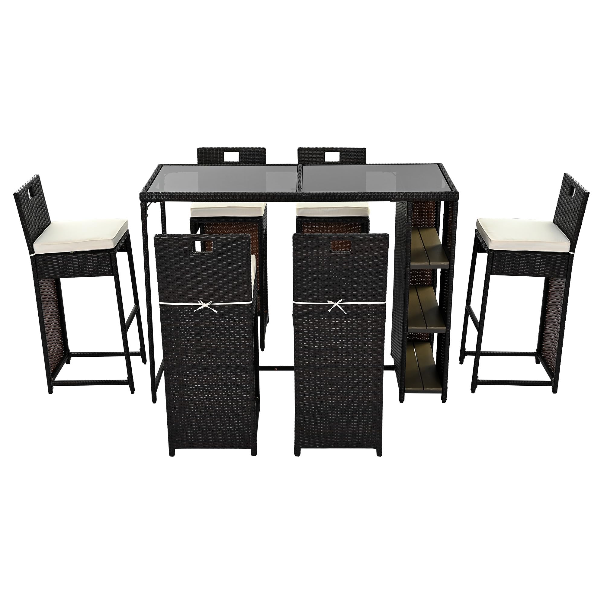 Merax Ensemble bar jardin 7 pièces 6 tabourets hautes polyrotin noir marron foncé