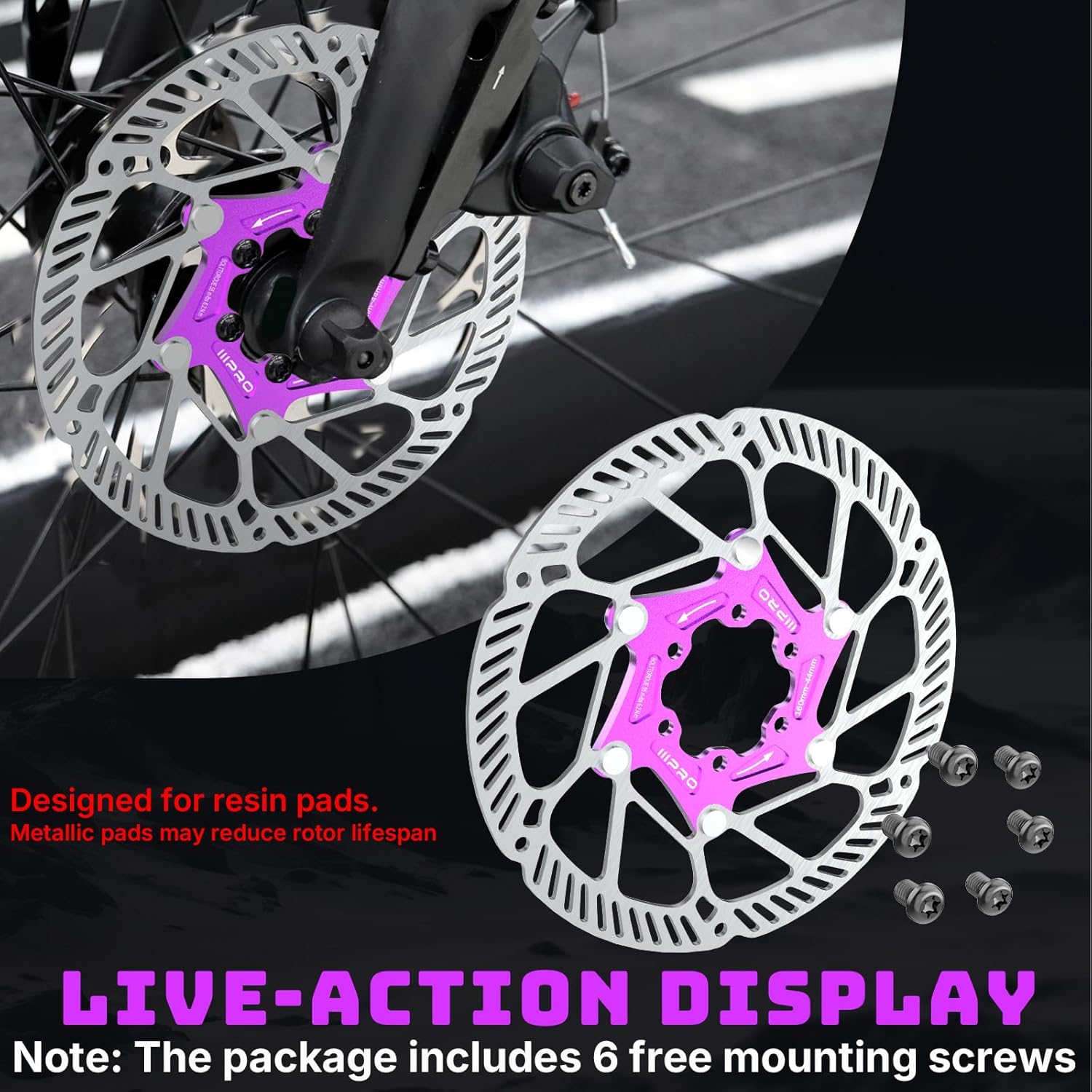 RACEDUEL IIIPRO A2 140mm 160mm 180mm 203mm Floating Bike Disc Brake Rotor with 6 Bolts,MTB Mountain Bike Stainless Steel Rotors M5 Screws, Bicycle Disc Brakes Rotors fit Road Bike/Ebike/BMX(Purple)