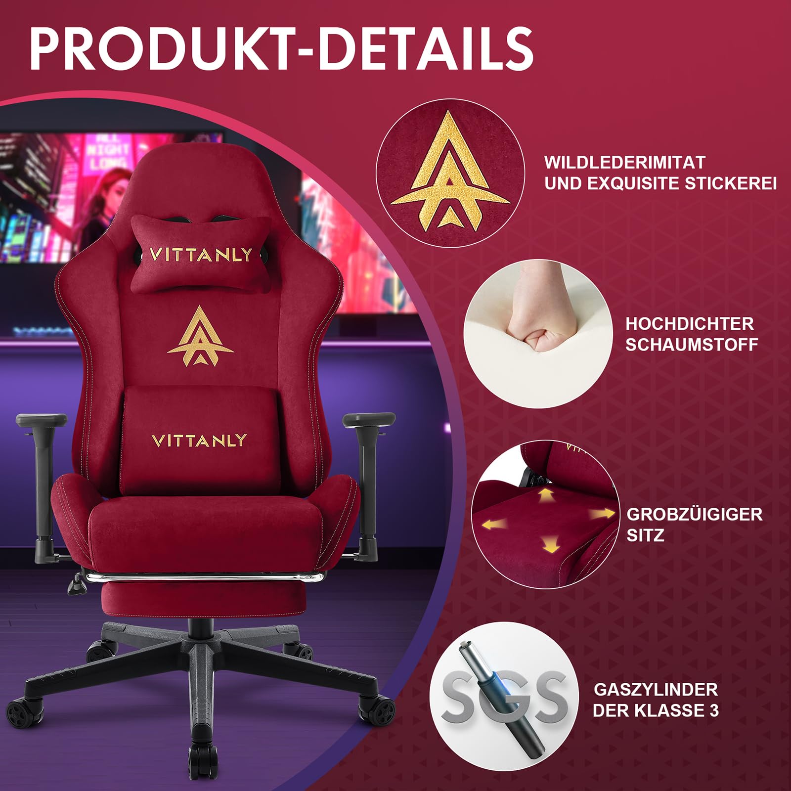 Vittanly Gamingstoel, luxe ademend imitatie suède, ergonomische Vittanly Gamingstoel, luxe ademend imitatie suède, ergonomische