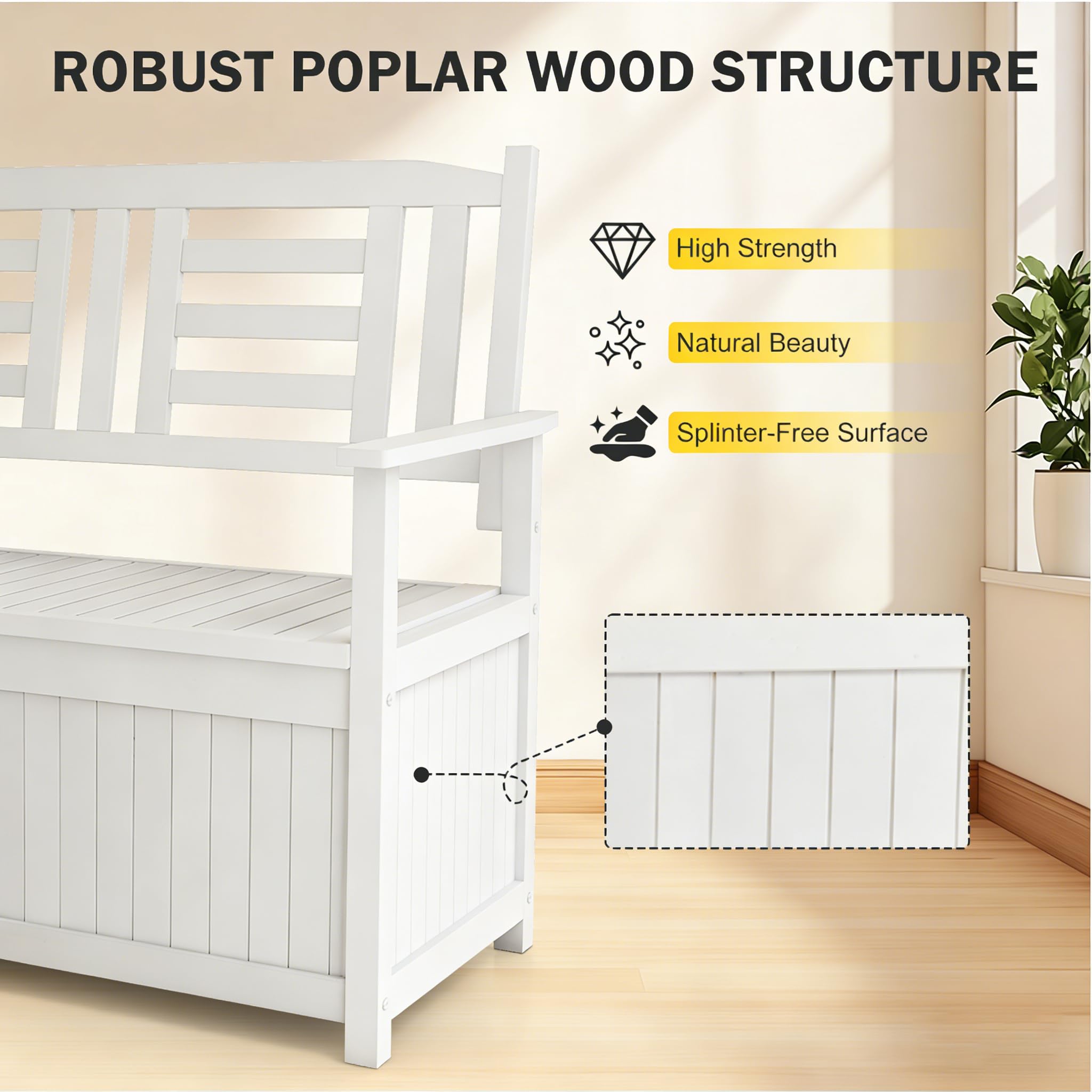 KOMFOTTEU Banco Arcón de Jardín de 2 Plazas, Banco Exterior de Madera Maciza con Almacenamiento 185 L, Baúl Contenedor con Reposabrazos y Respaldo, Carga 250 kg, 123 x 68,5 x 96 cm (Blanco)