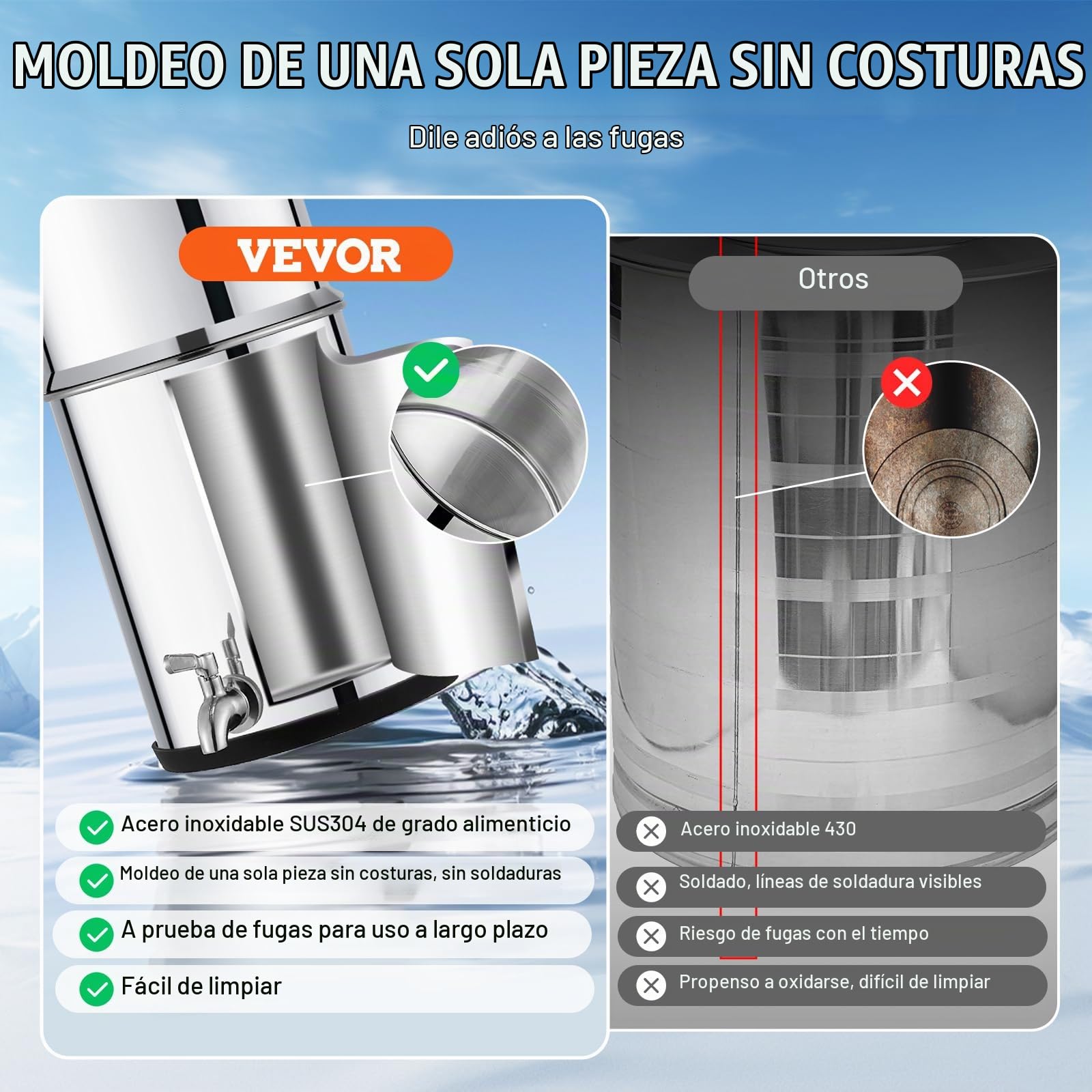 VEVOR Sistema de Filtración de Agua por Gravedad 8,5 L Acero Inoxidable 304 Filtro de Agua por Gravedad Reducción de Plomo y hasta 99% de Cloro con 2 Filtros de Agua, Grifo y Soporte para Hogar