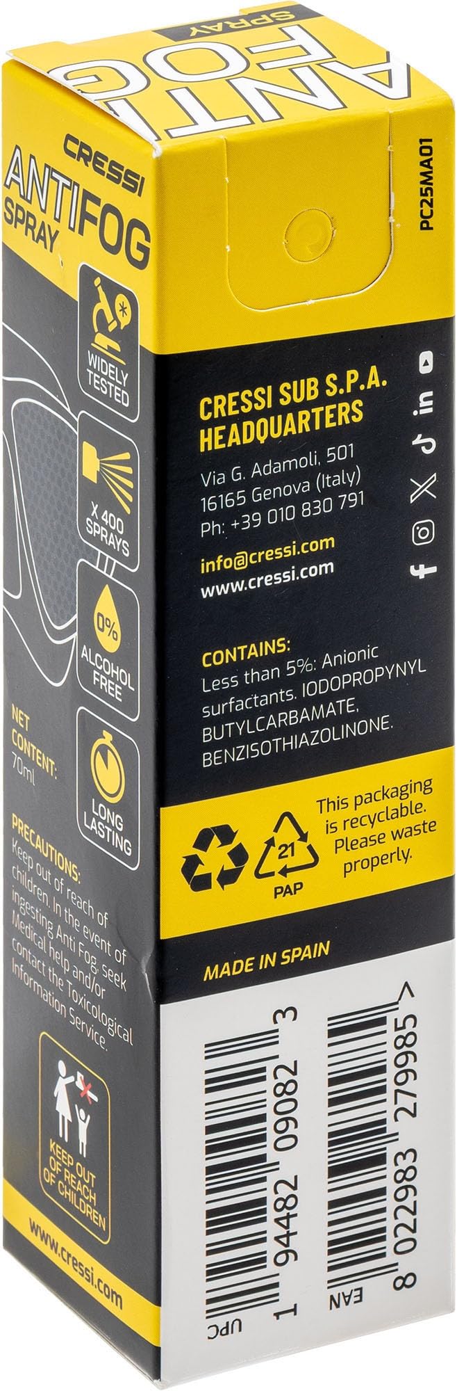 Cressi Depuis 1946 - Anti Fog Spray 70 ML pour Masques de Plongée et Lunettes de Natation, Transparent,1 Pack de 70 ML, Adulte Unisex