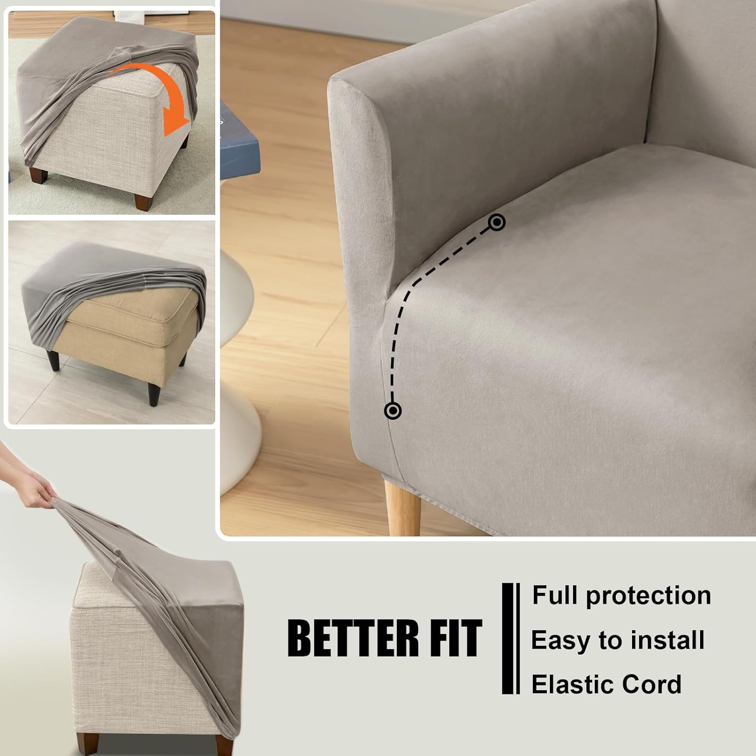 UNBBRRL Armchair and Ottoman Covers Set, Matching Accent Chair and Ottoman Slipcovers Rectangle Stretch Velvet Non-Slip for Living Room (Light Gray, Armchair+Ottoman Rectangle)