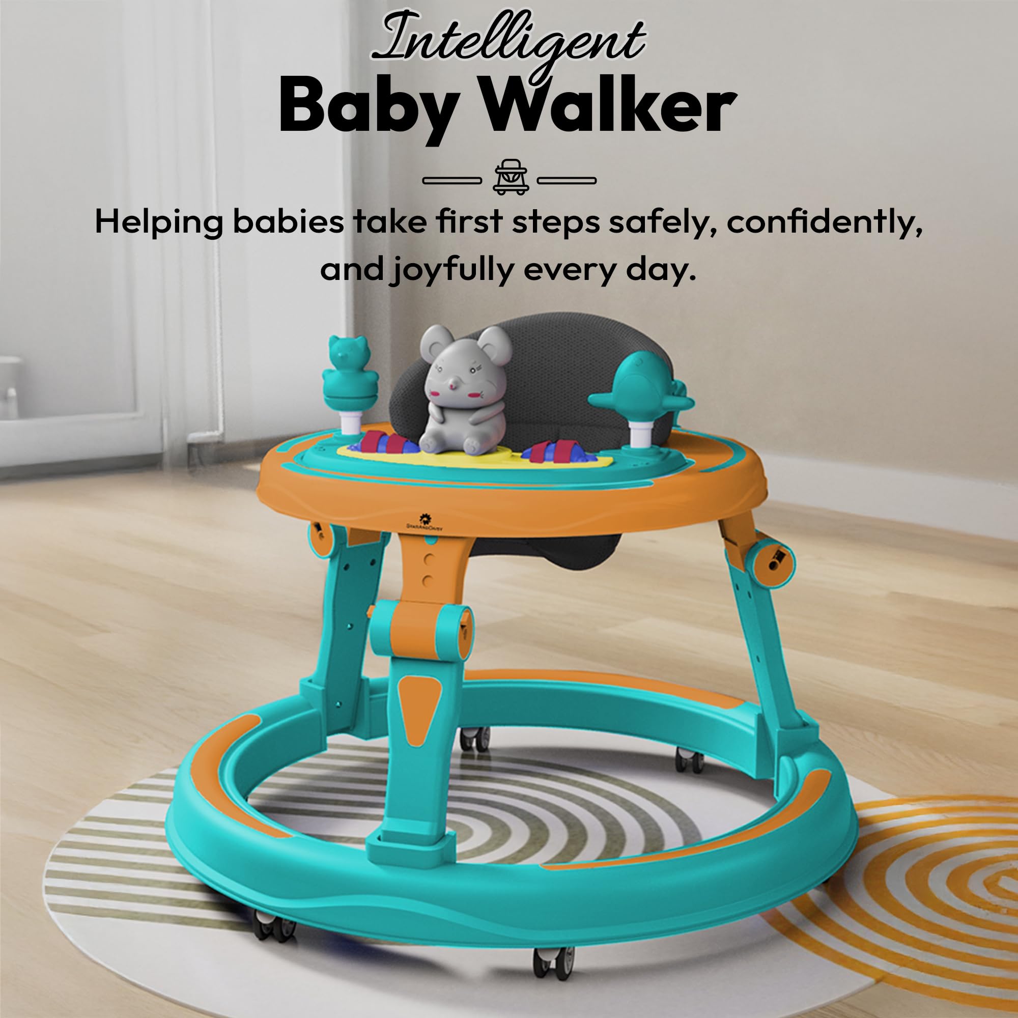 StarAndDaisy 360 Baby Walker 6-24 Months / 7 Level Height Adjustment Walker for Kids Boy and Girl with Switchable Food & Musical Toy Tray/Premium Baby Activity Walker - Green Orange