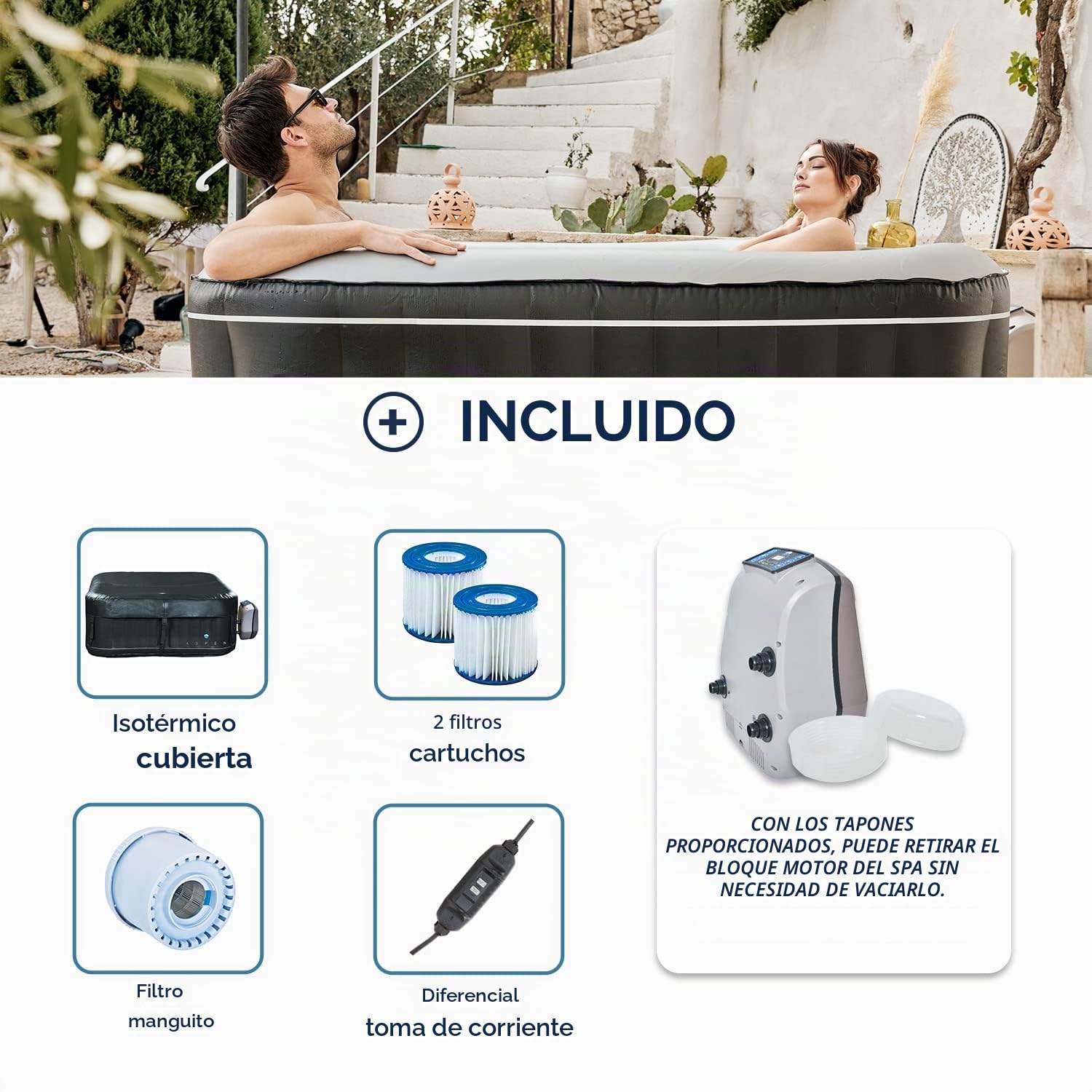 NETSPA Aspen SP-ASP130E – SPA Hinchable – 4 plazas – 700L – Dimensión 168 x 70 cm – Exterior de PVC Laminado de Piel sintética – Boquillas de Masaje 360° – Blower 650W – Forro Interior Perla