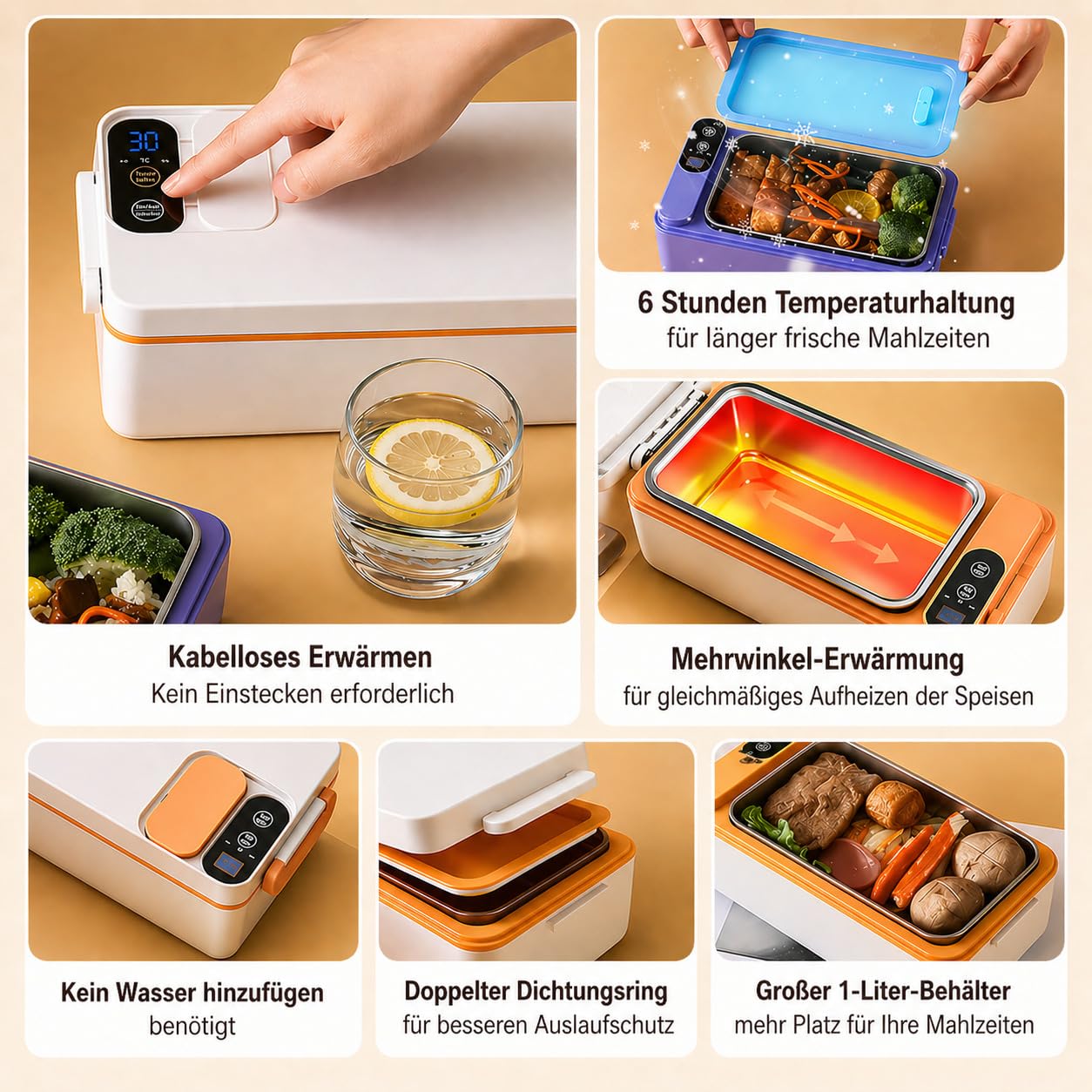 Elektrische Lunchbox Kabellos 1L mit Batterie 12000mAh, Beheizbare Brotdose Tragbar, Speisenwärmer Edelstahl mit Display & Timer, für Arbeit, Büro, Auto, Camping