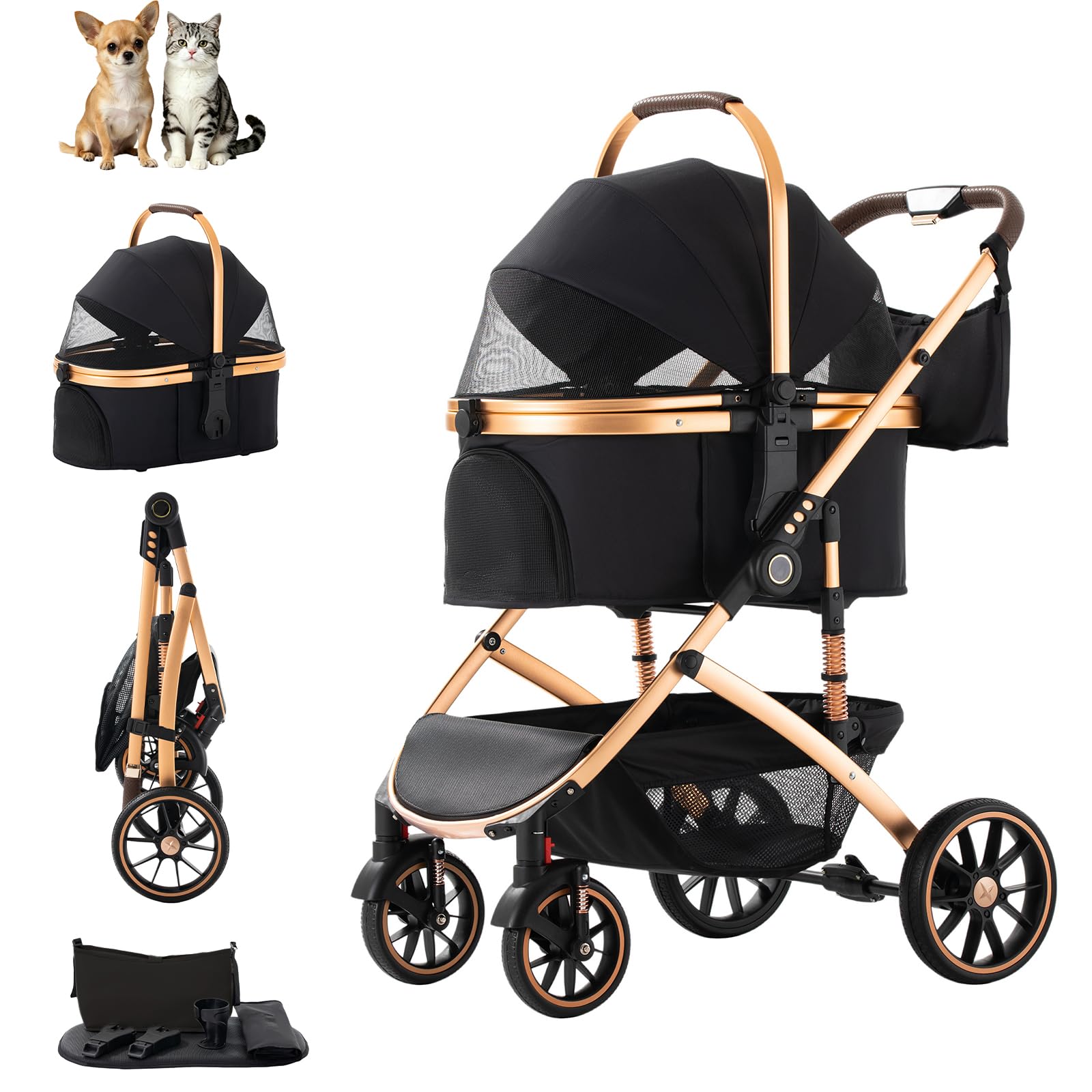 Zkiprm Poussette Chien, Chariot pliable avec cage amovible, poussette chat pour petits chats et chiens, équipé d'un panier de rangement | porte-gobelet | 360° pivotantes | ceinture | 22 kg max