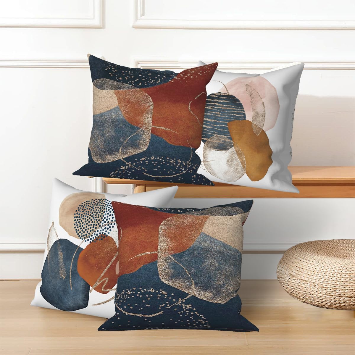 Abstract Boho Throw Pillow Covers 26''x26'' Set of 4, Minimalism Geometric Strips Cushion Covers Navy Blue Bohemian Pillowcases for Couch Sofa Bedroom Farmhouse Livingroom Garden Patio - Image 5