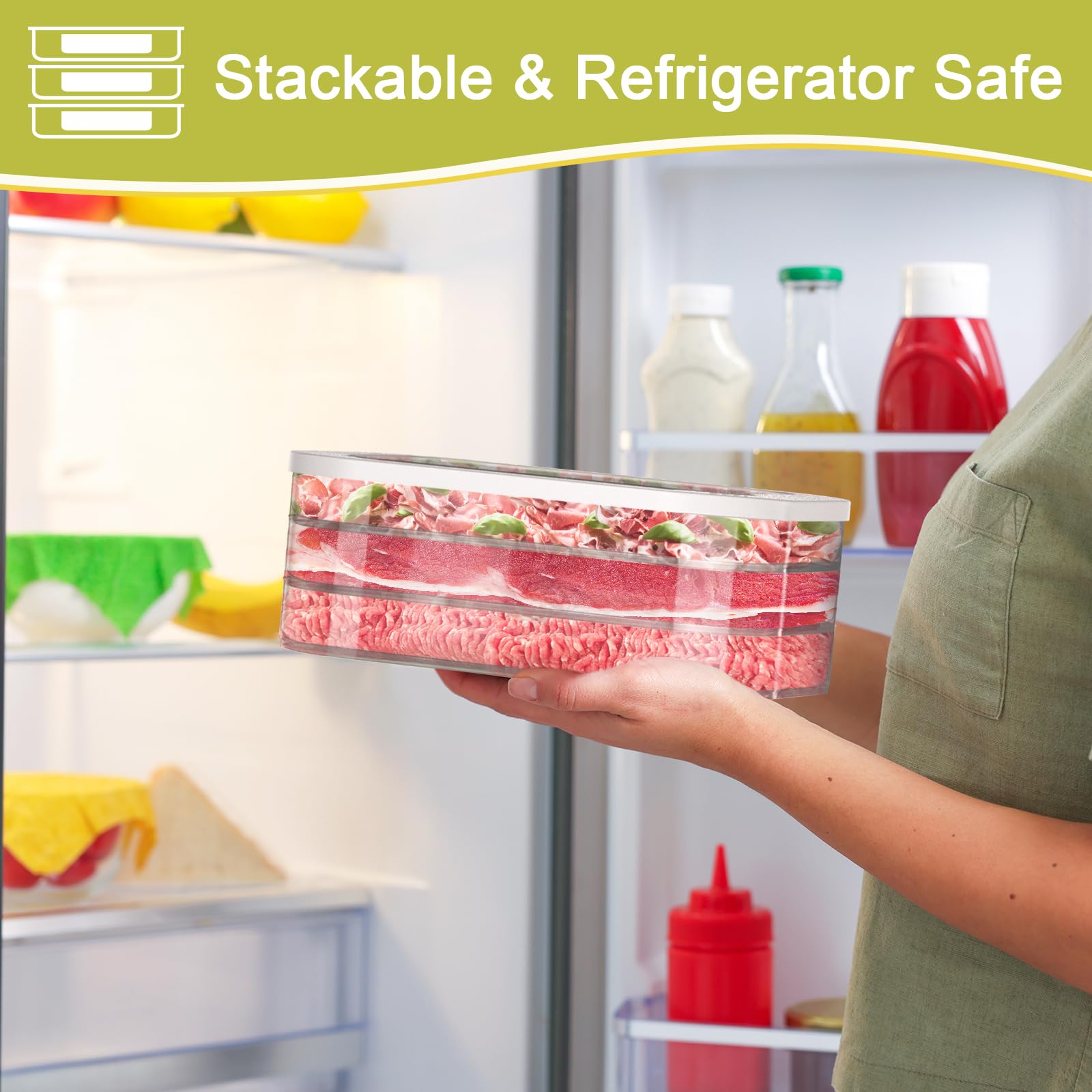 5 recipientes de carne para refrigerador, contenedor apilable de tocino para refrigerador, cajas de almacenamiento de alimentos con 5 tapas para cortes fríos, queso, almuerzo, carne, salami