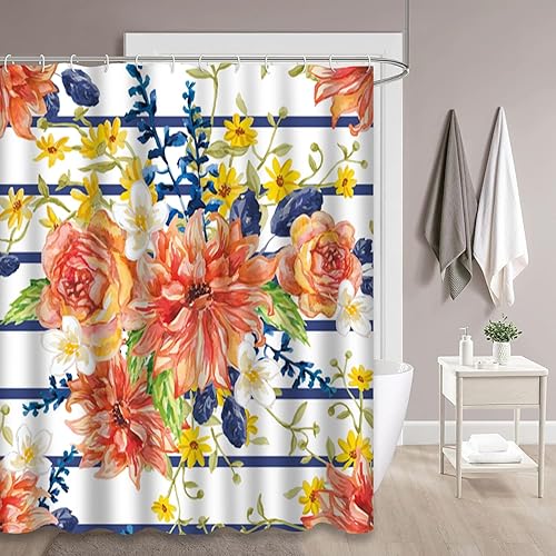 GALMAXS7 Blue Green Shower Curtain,Red Orange and Yellow Flowers Blue Leaves Floral Striped White Shower Curtains for Bathroom with 12 Hooks,72 x 72