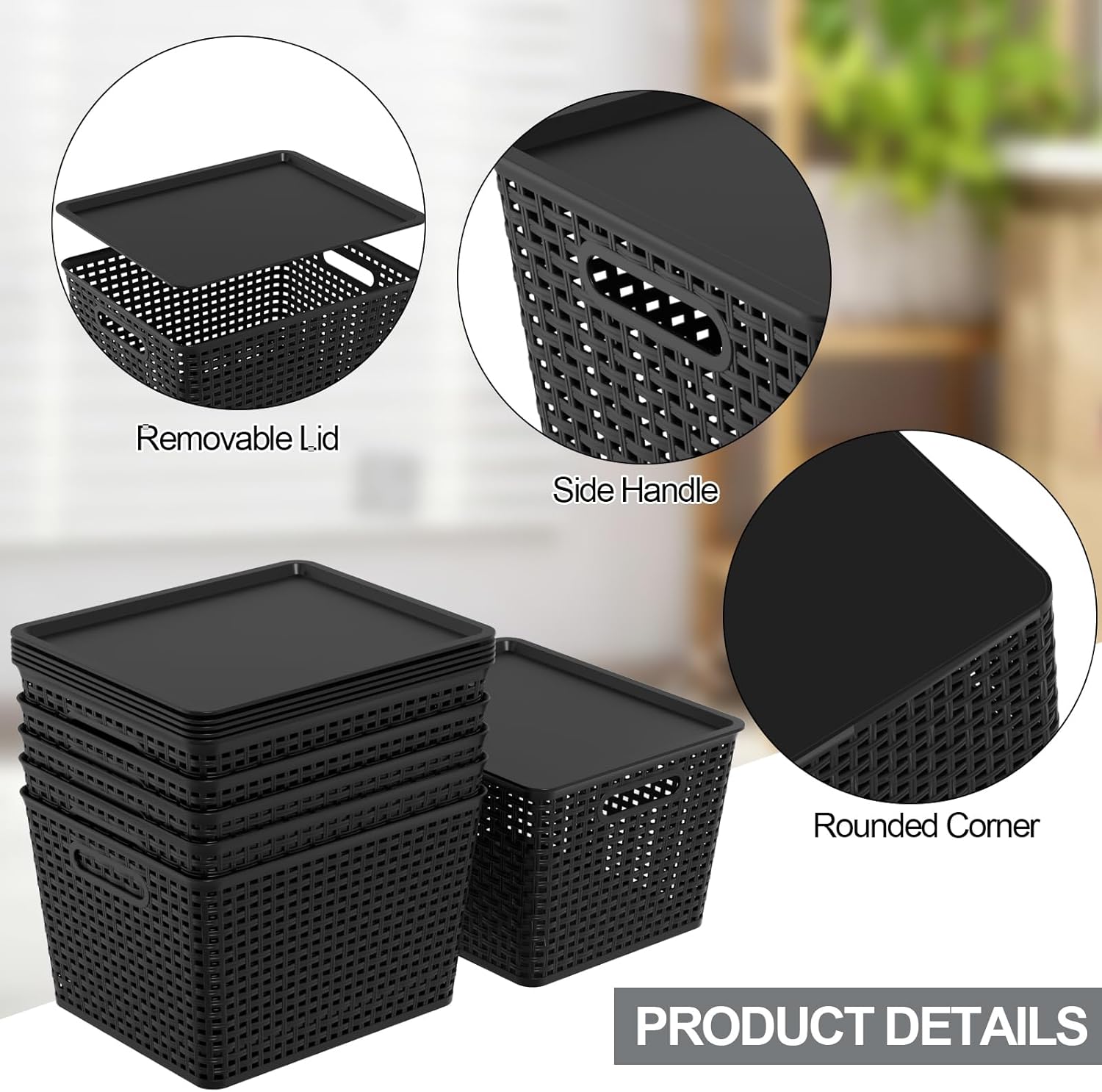 Morcte 6-Pack Black Stackable Plastic Storage Baskets with Lids, 14" x 11.6" x 8.6", Large Plastic Lidded Basket Bin for Closet, Pantry, Shelf