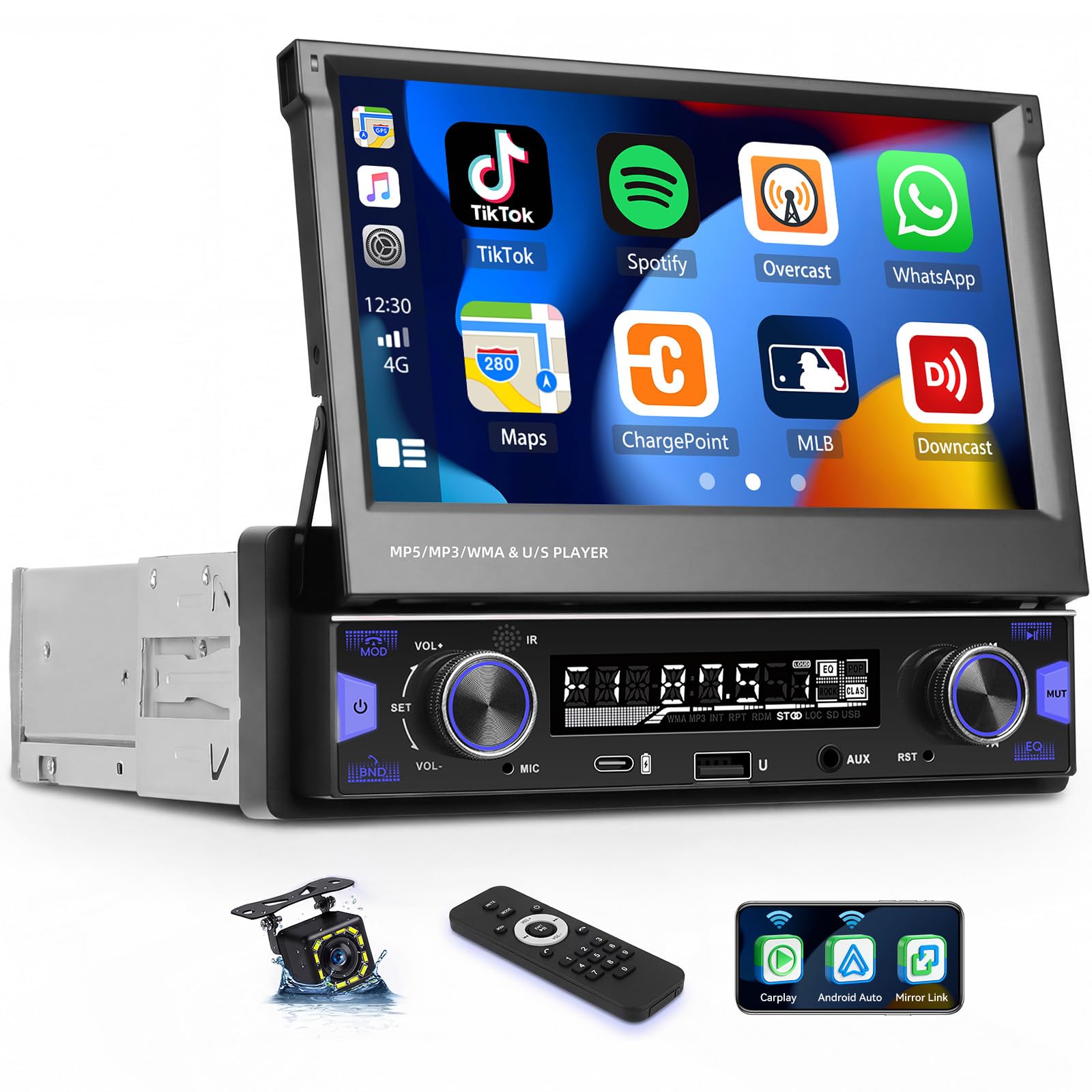 SIXTOP Single Din Touchscreen Car Radio with Wireless CarPlay Android Auto, 7 Inch Flip Out Car Stereo, Bluetooth/FM/AM Radio, Type-C Fast Charging/USB/AUX Input,Mirror Link,EQ,SWC+ Backup Camera