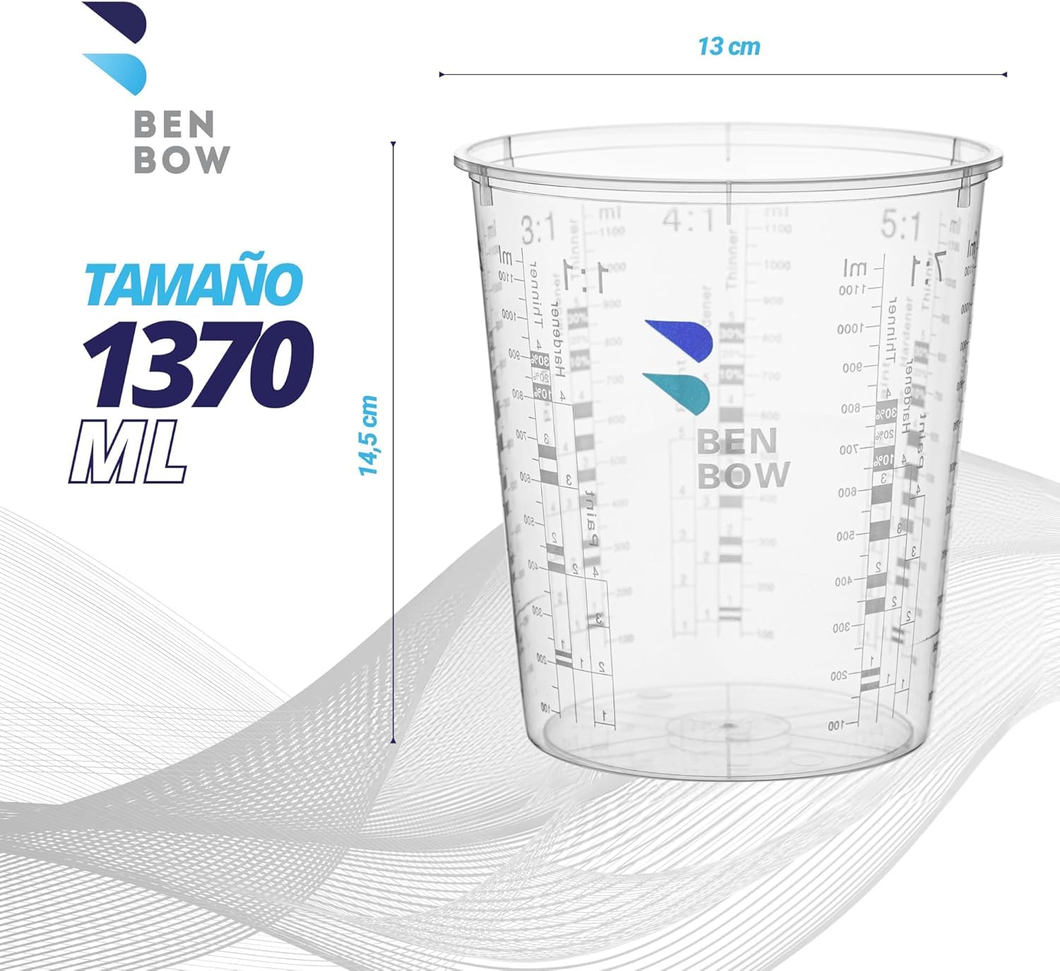 BenBow Vaso Medidor Profesional 100x 1370ml con 12x Tapa - Escala Diversa - Vaso Con Escala, Vaso Para Mezclar, Vaso Para Mezclar Pintura, Vaso Para Medir, Vaso Para Pintar, Vaso Para Mezclar