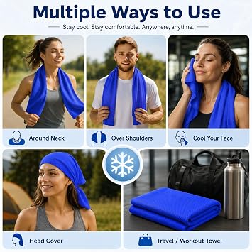 Cooling Towel for Neck and Face, 43.3 x 15.7 in, Navy Blue | Quick-dry microfiber cooling towel; wet, wring and snap for running, gym, golf, travel and hot-weather activities.