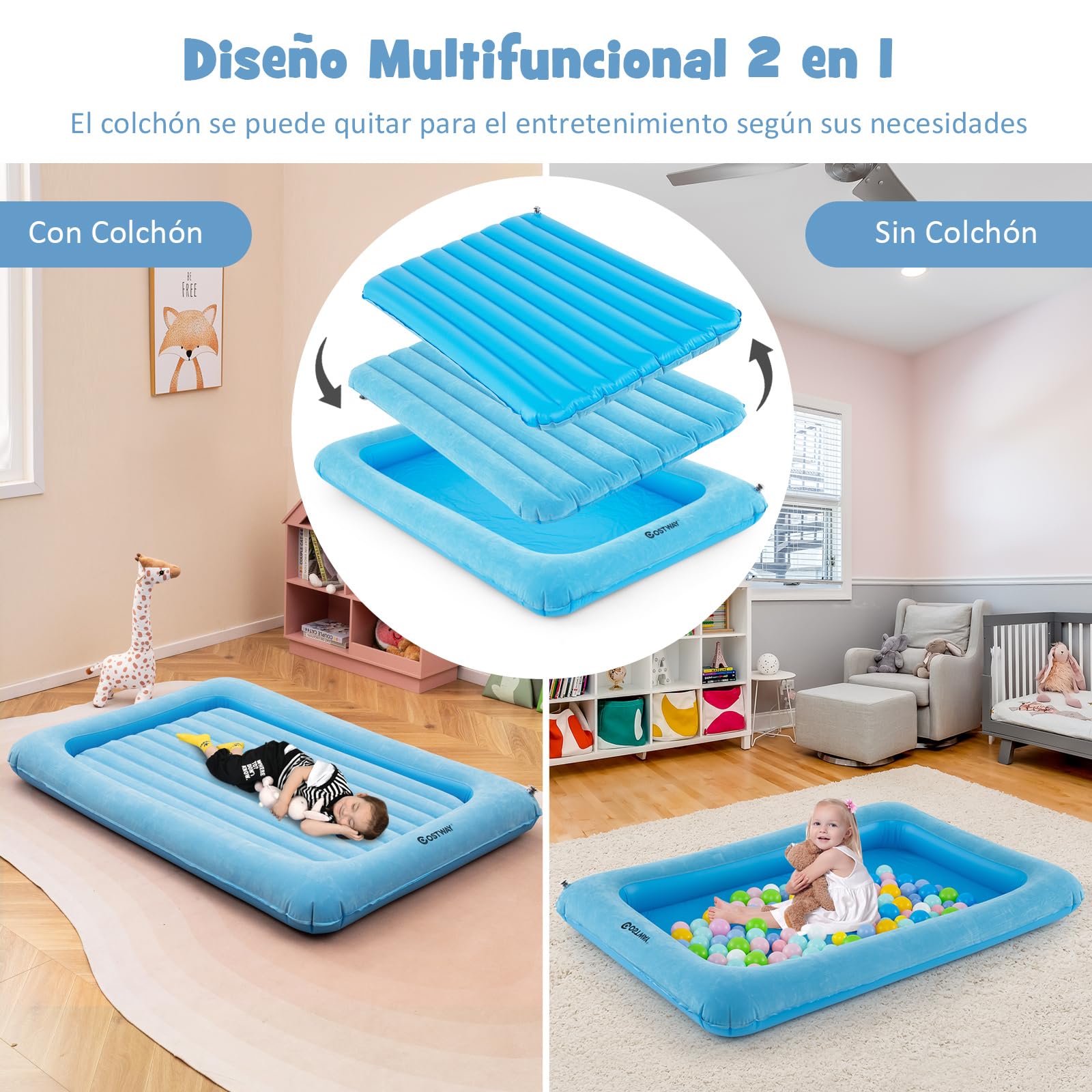 COSTWAY Colchón Inflable de Viaje para Niños, Colchón Portátil con Bomba Eléctrica, Cama Hinchable con Bordes Elevados y Colchón de Doble Cara para Habitación Infantil, Dormitorio (Celeste)