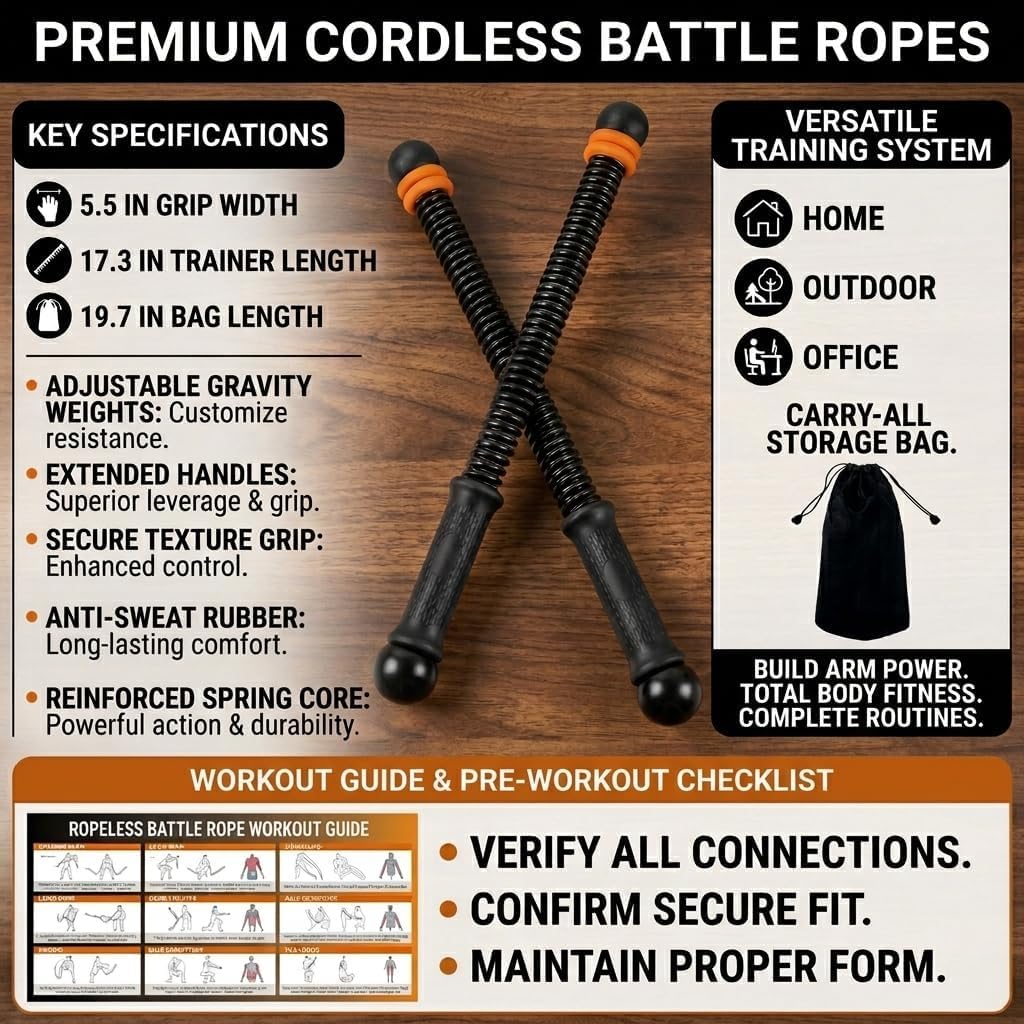 Cordless Weighted Battle Ropes, Adjustable Portable Ropeless Exercise Ropes with Storage Bag, Low-Impact Fitness Equipment for Strength Training & HIIT, Home Gym Use, for Men & Women, Black