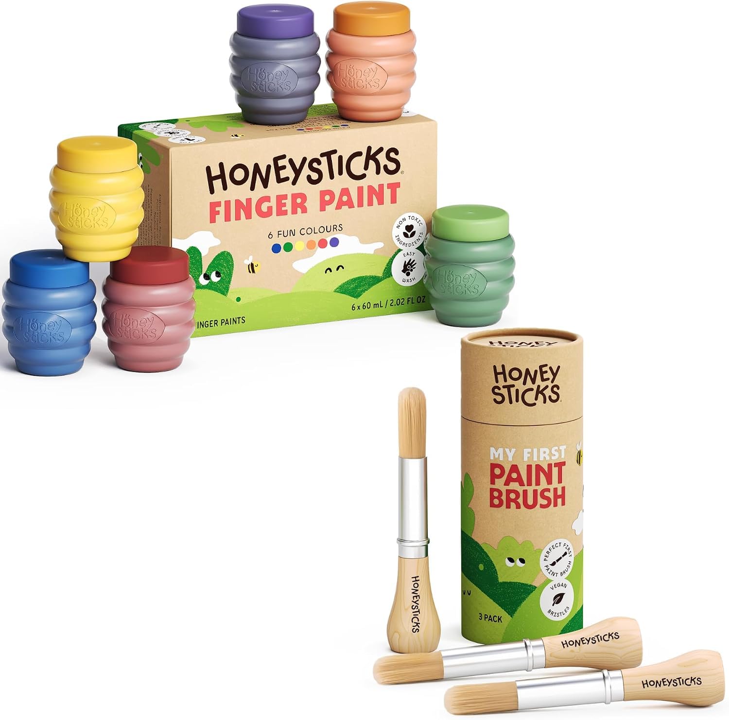 Honeysticks Malen-Starter-Set – Ungiftige Fingerfarben 6er-Pack & Erstes Pinsel-Set 3er-Pack – Natürliches, waschbares, kleinkindsicheres Bastelmaterial
