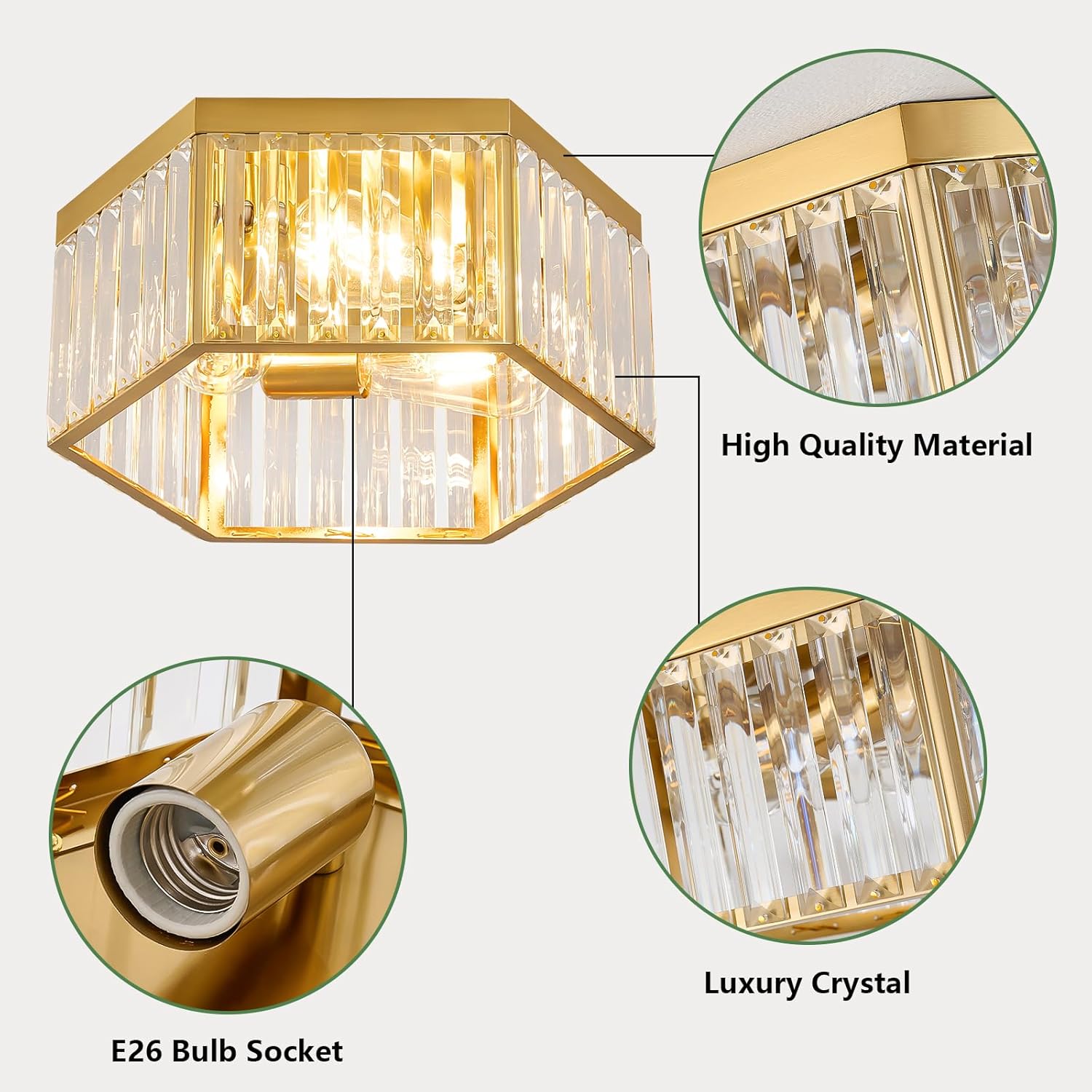 SGLfarmty Crystal Gold Flush Mount Ceiling Light, 3 Lights Luxury Light Fixture Ceiling Mount, 13.7'' Brass Ceiling Light with Hexagon Crystal, Modern Chandeliers for Dining Room Bedroom Entryway