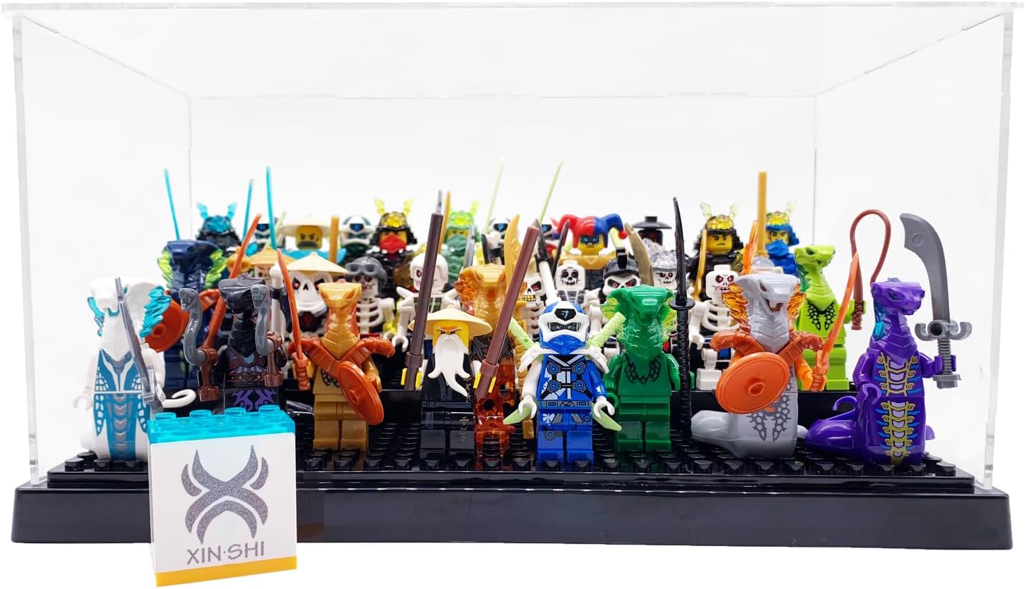 Minifigure Display Case – Black Base with 3-Tiered Steps, Eye-catching Display Design and a Dash of Magic – A Delight for Lego Enthusiasts (2PCS)