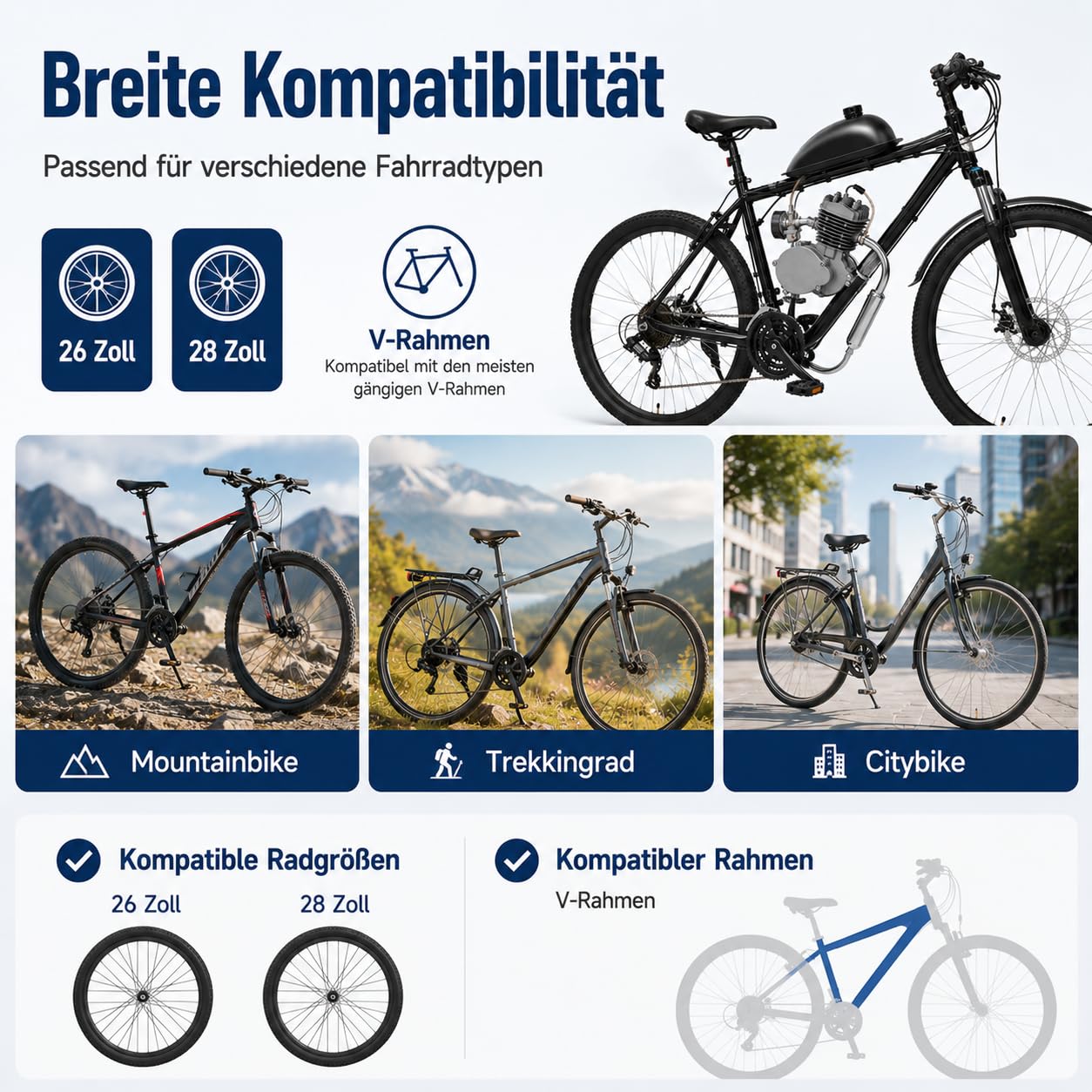 80ccm 2-Takt Fahrrad Motor Kit Benzinmotor mit CDI Zündung für 26/28 Zoll V-Rahmen