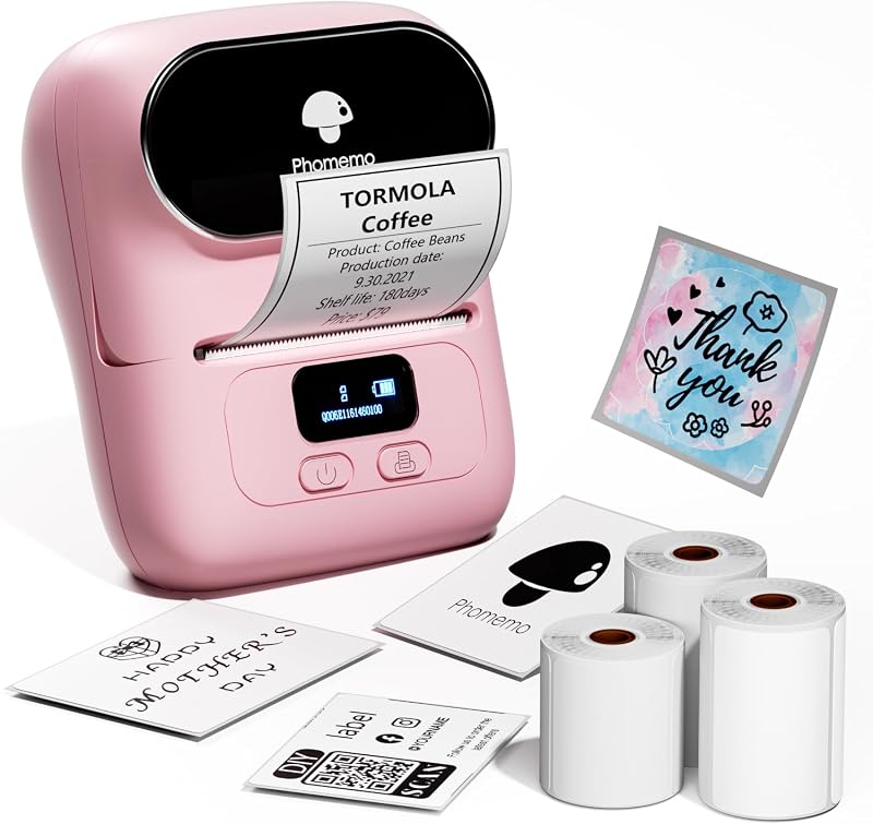 Phomemo M110 Label Maker with 3 Tapes, Bluetooth Portable Thermal Printer | 2 Inch Sticker Label Printer, Easy to Use for Small Business, Home, School, Organization, APP with 6000+ Templates, Pink
