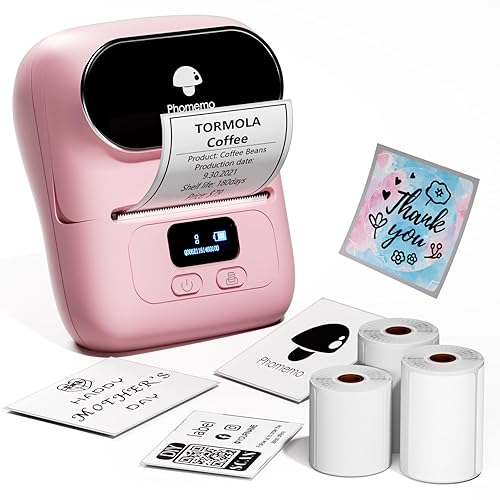Phomemo M110 Label Maker Machine- with 3 Label Bluetooth Label Maker for for Business Labeling, Barcode, Office, Cable, Retail, with Fonts Choose, Icons, Templates, Pink