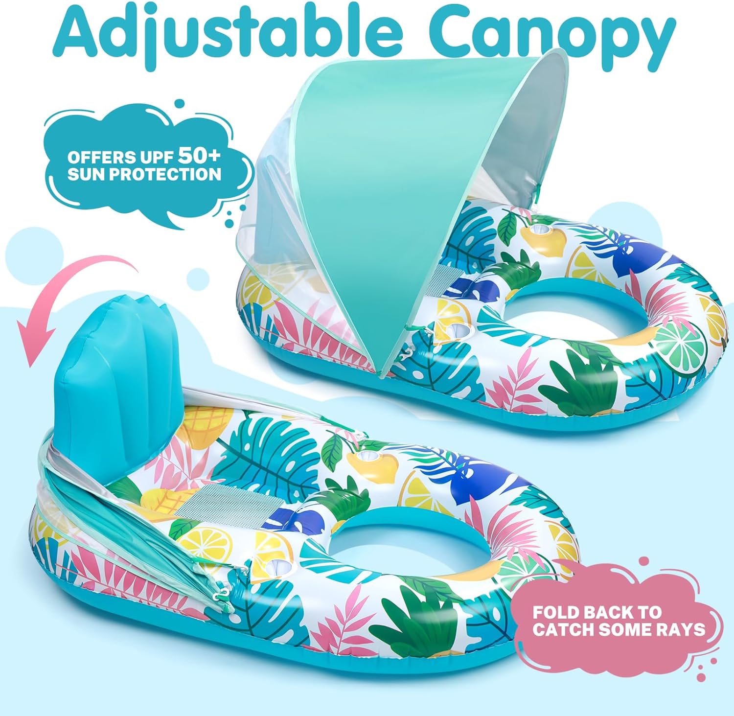 Hatisan Inflatable Pool Floats with Canopy and Cup Holder for Adult Teen Tanning Pool Lounger Floats Sun Tan Tub Raft Lounge Floatie for Swimming Pool Lake Beach Large Pool Float