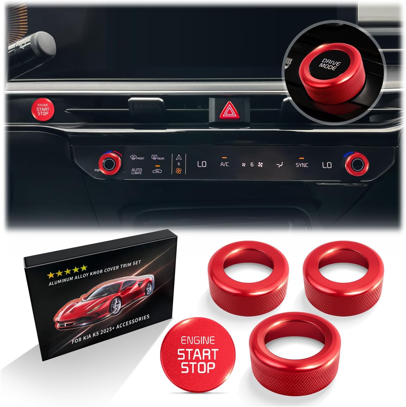 Polodunn for Kia K5 2025-2026 Accessories (EX/LXS/GT/GT-Line), 4pcs Aluminum Alloy Knob Cover Trim Set (Red) - Push Start, Air Conditioning & Drive Mode. Interior Upgrade & Tool-Free Install