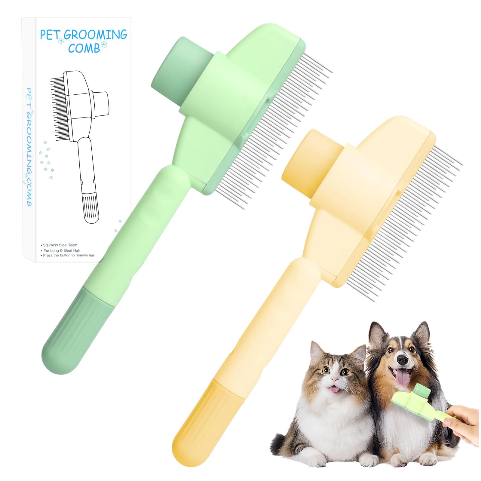Pet Hair Removal Comb Flea Comb, 2 PCS Cat Brush with Release Button