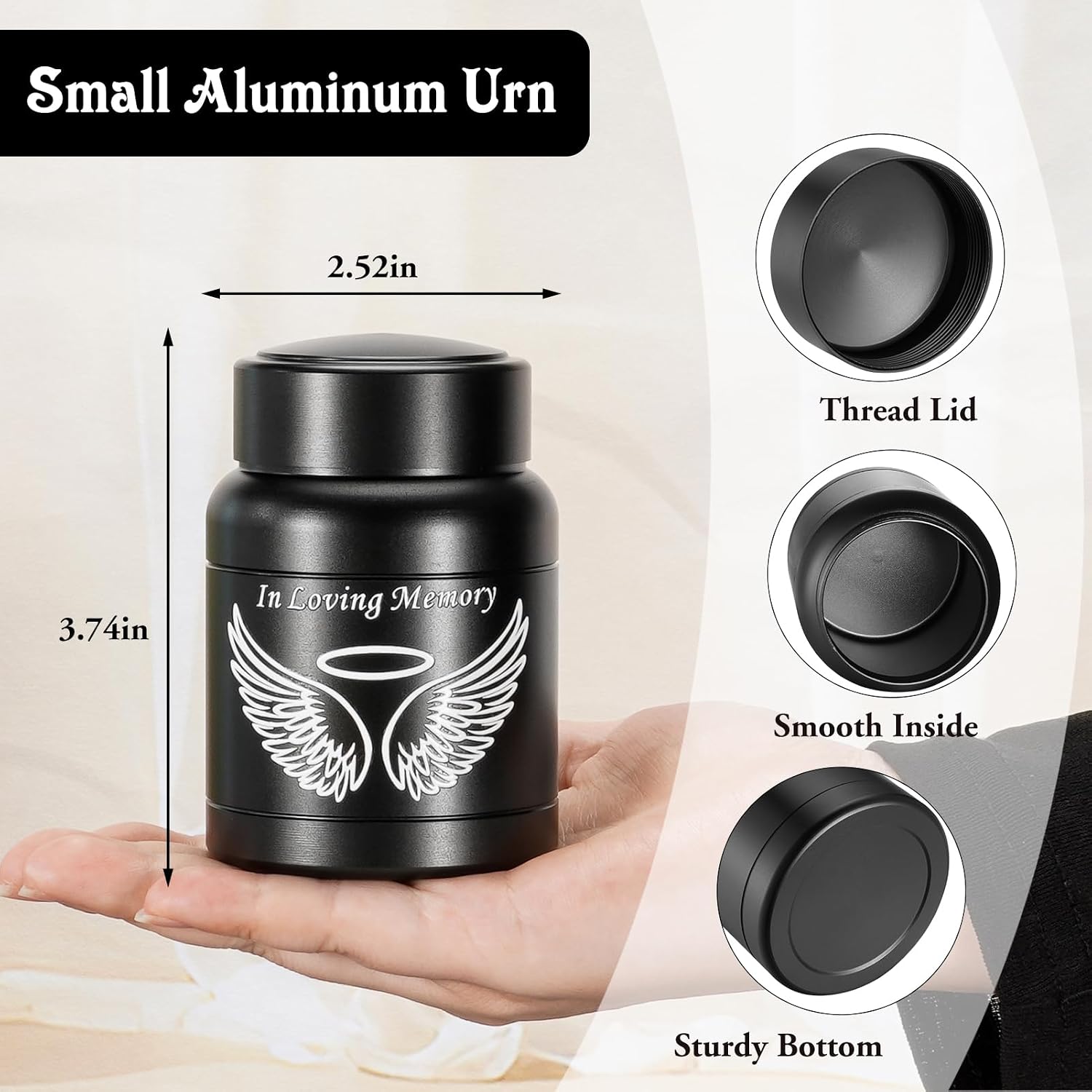 SOITIS Cremation Urn - 3.74 Inch Small Urn for Human Ashes - Elegant Black Aluminum Memorial Keepsake with White Wings Design - Funeral Keepsake for Ashes, Memorial Keepsake Holder