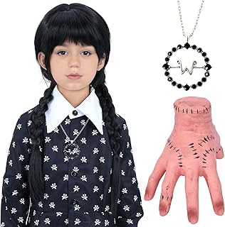Bettecos Girls and Kids Wednsday Wig with Thing Hand and Necklace Long Black Heat Resistant Synthetic Pigtails Hair Wigs for Children Halloween Party Cosplay Costume
