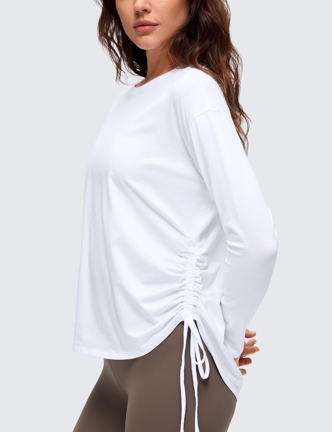 CRZ YOGA Pima Cotton Side Ruched Shirts for Women - Casual Workout Yoga Long Sleeve Tops Loose Crewneck Soft Comfort T-Shirts
