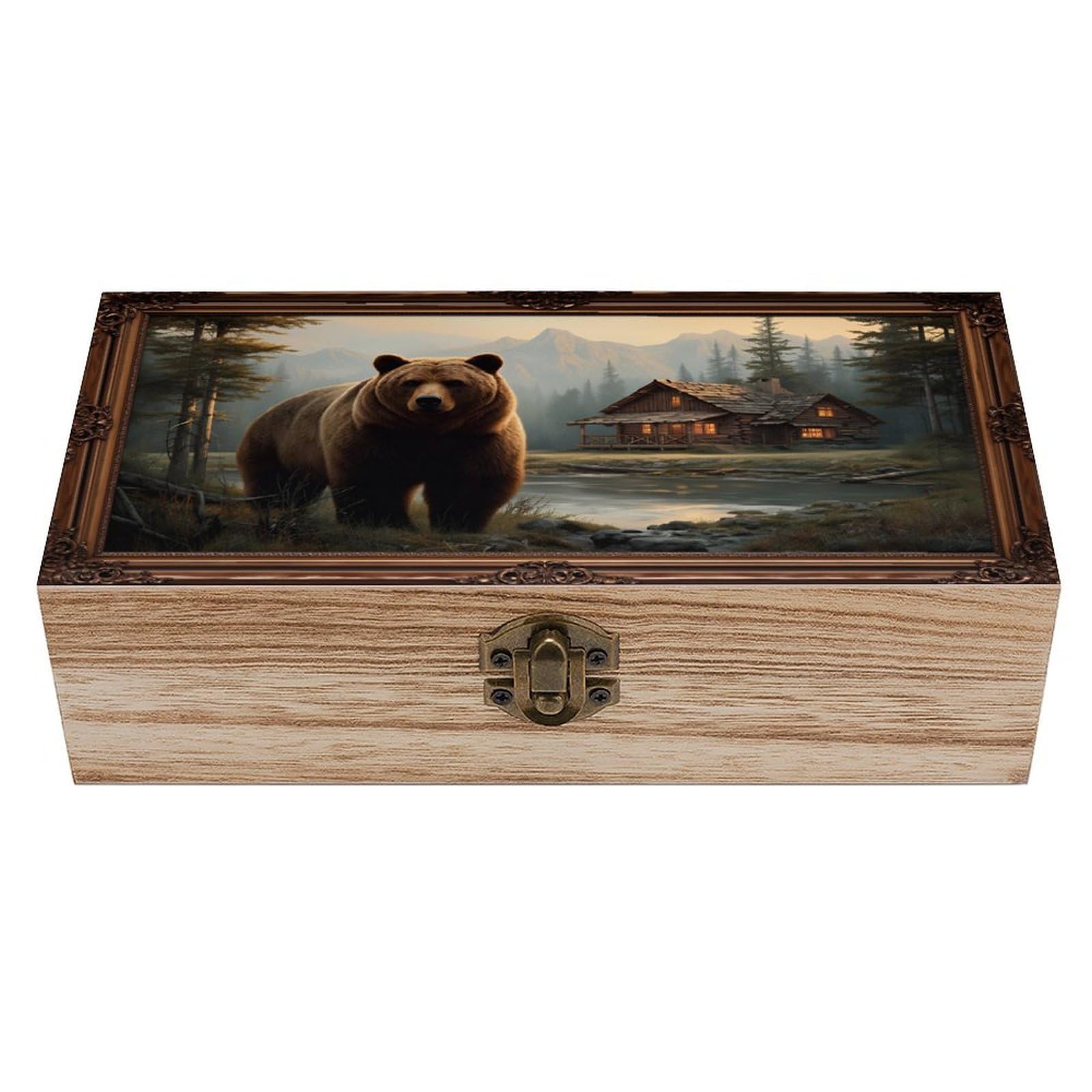 SMAZDFXX Bear Cabin Mountain Lake Wildlife Scene Wooden Keepsake Box Vintage Solid Wood with Hinged Lid 7.9"×3.7"×2.3" Metal Latch Rustic Home Decor for Jewelry Photos And Trinkets