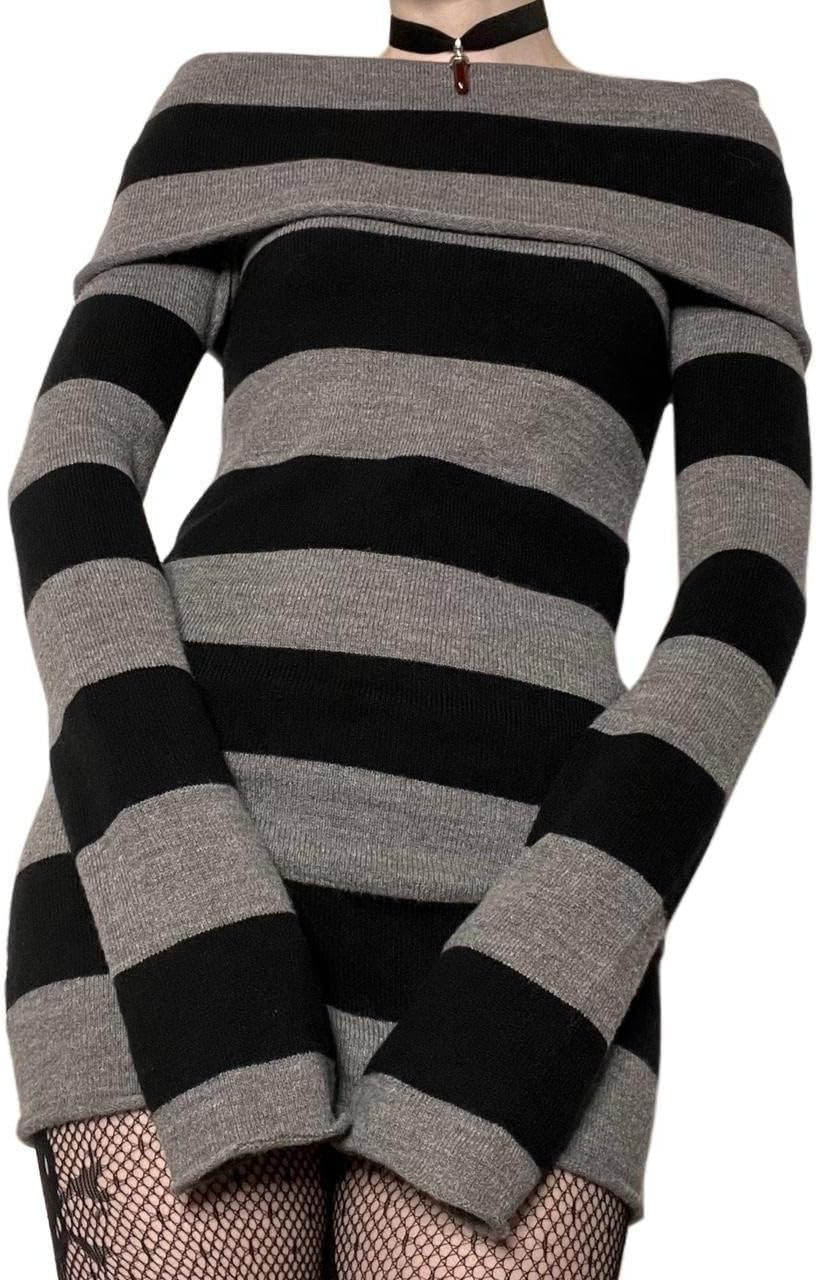 Faretumiya Women Punk Goth Sweater Dress Striped Off Shoulder Long Knit Pullover Dress Y2k Grunge Bodycon Dress Streetwear - Image 2