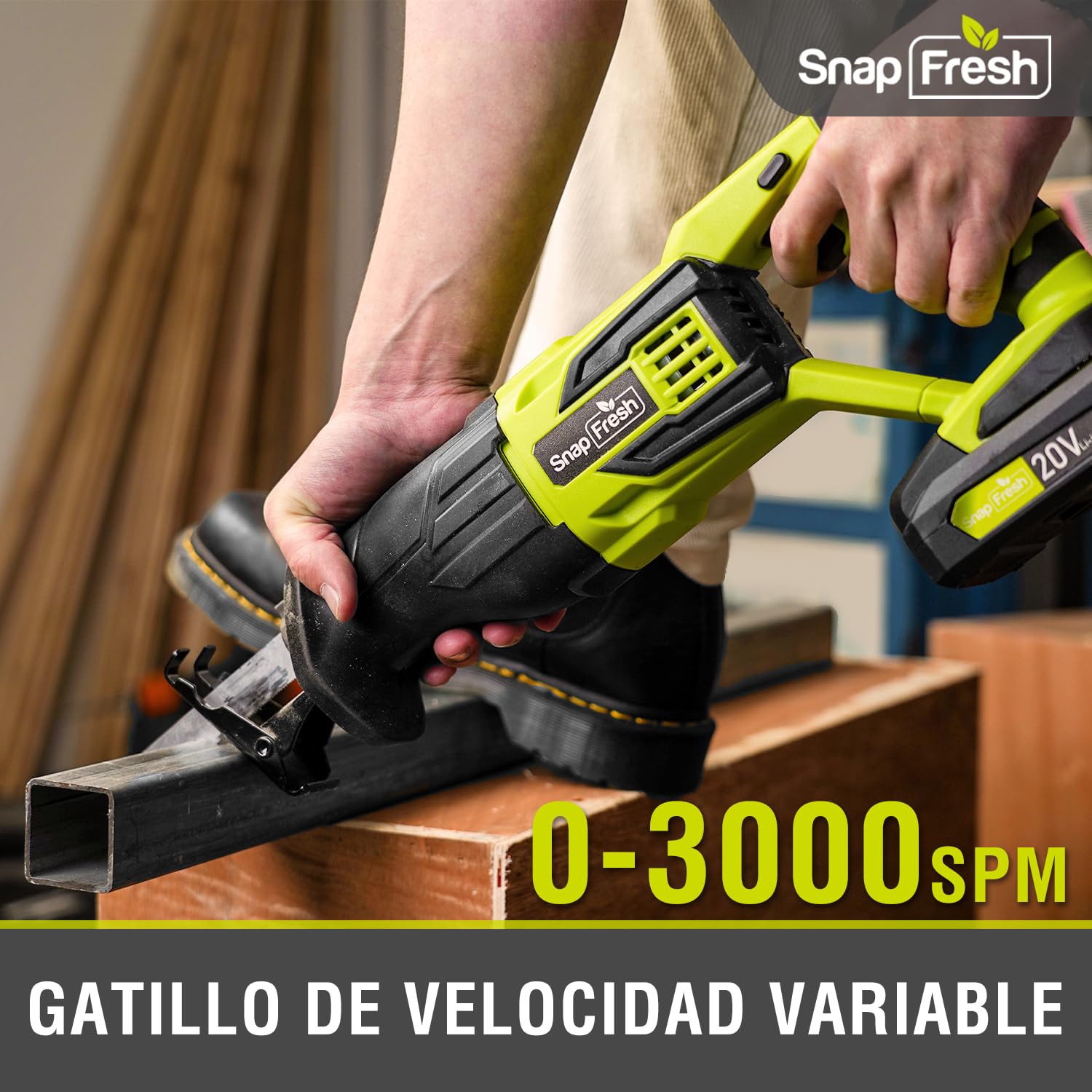 SnapFresh Sierra de Sable Inalámbrica de 20V – Herramienta Oscilante con Carrera de 25 mm y 3000 SPM para Corte de Madera, Metal y Plástico – Incluye Batería y Cargador Rápido
