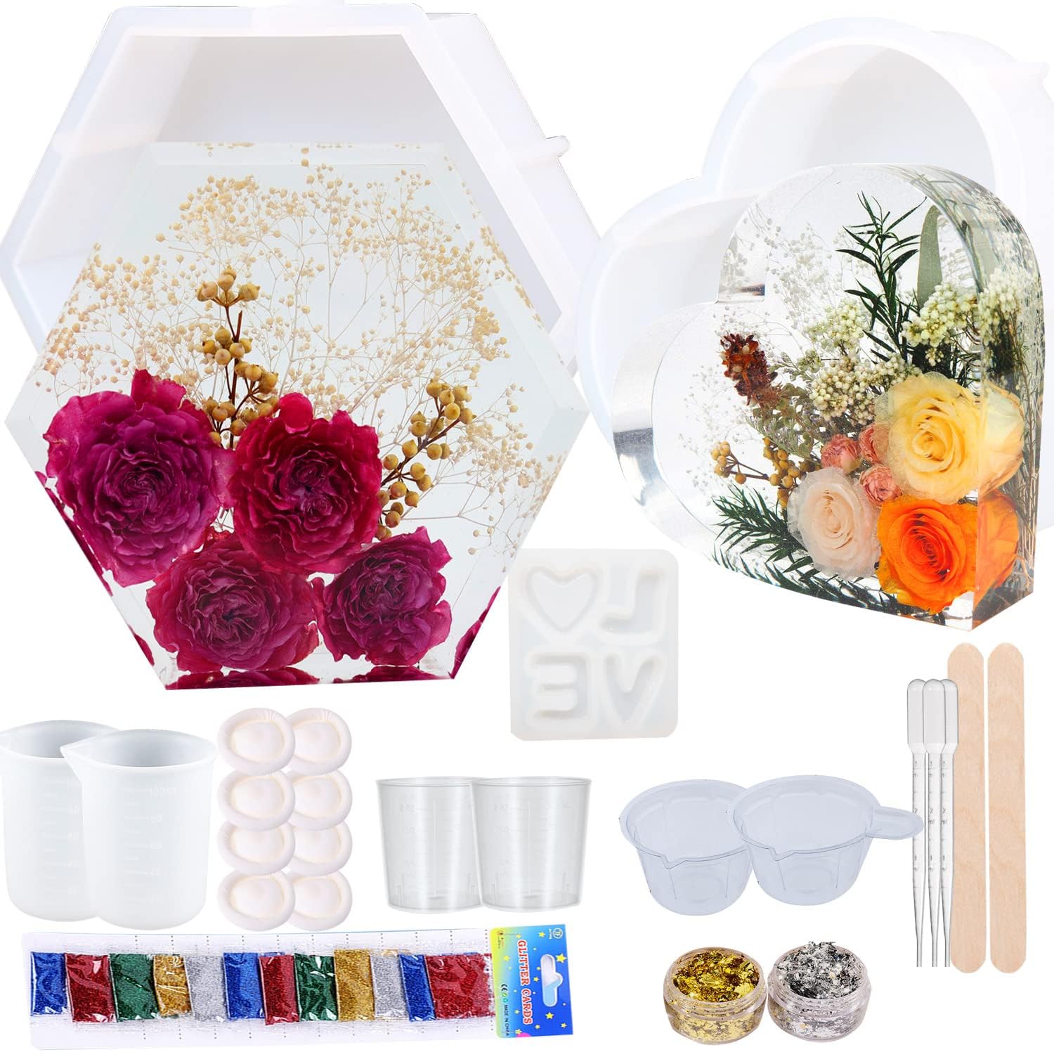 2 Pack Large Resin molds and 1 Pack Love molds for epoxy Resin Hexagon Silicone molds for Home Decor,Heart Book Resin kit for DIY Wedding Bouquet Preservation