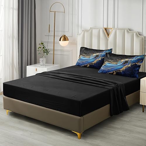 Miniatura 7 de Juego de edredón de mármol azul de 8 piezas, ropa de cama matrimonial en una bolsa con 1 edredón negro y azul, 1 sábana encimera, 1 sábana bajera, 4